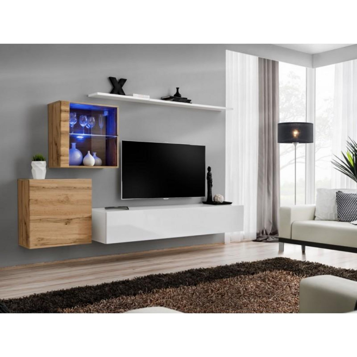 Paris Prix Meuble TV Mural Design  Switch XV  260cm Blanc & Naturel