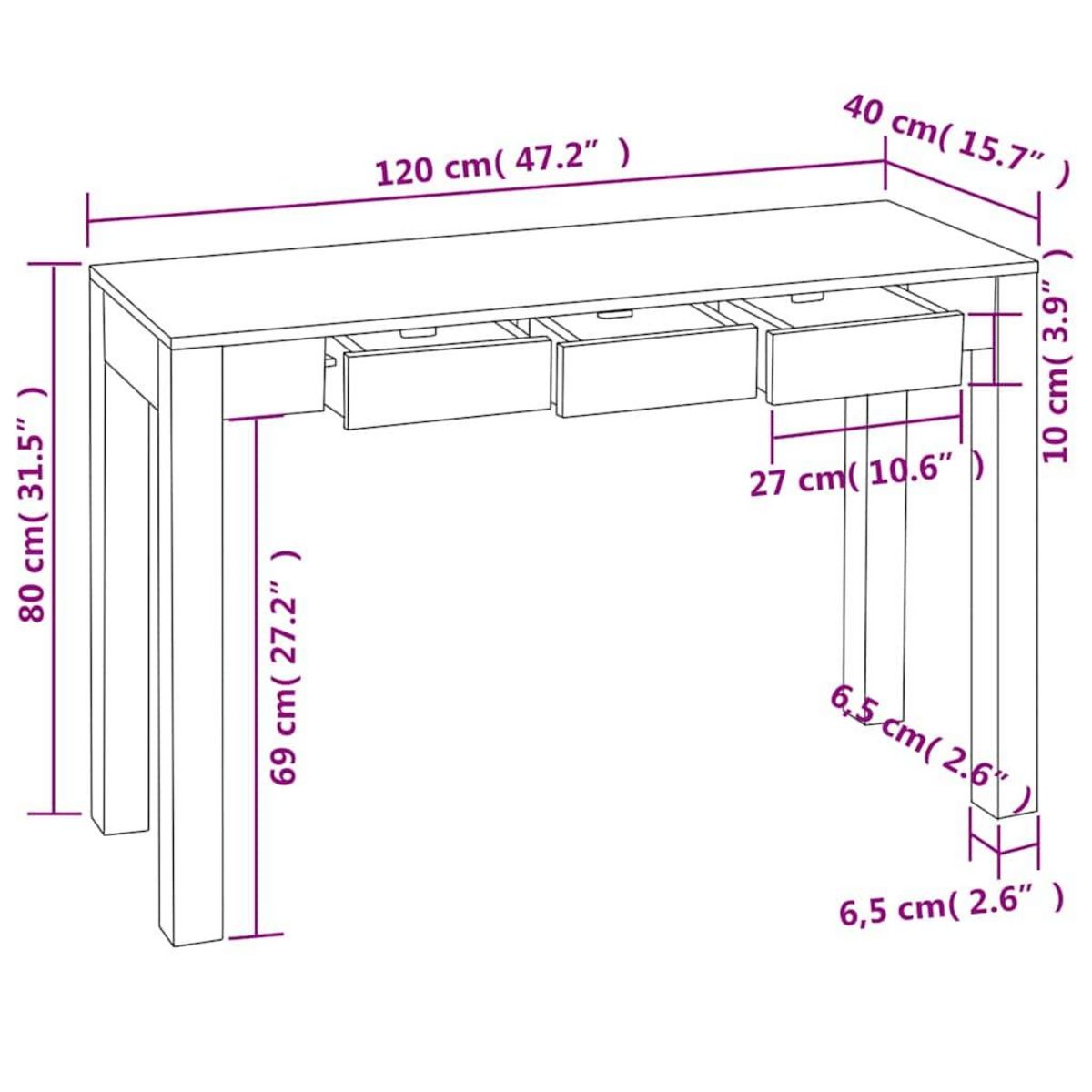 VIDAXL Table console avec 3 tiroirs 80 cm Bois massif