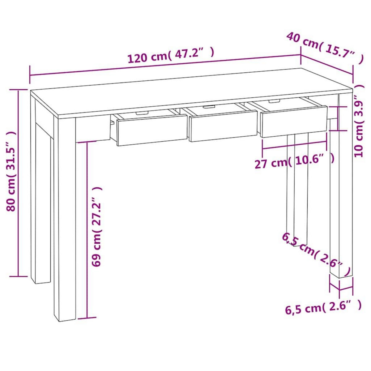 VIDAXL Table console avec 3 tiroirs 80 cm Bois massif