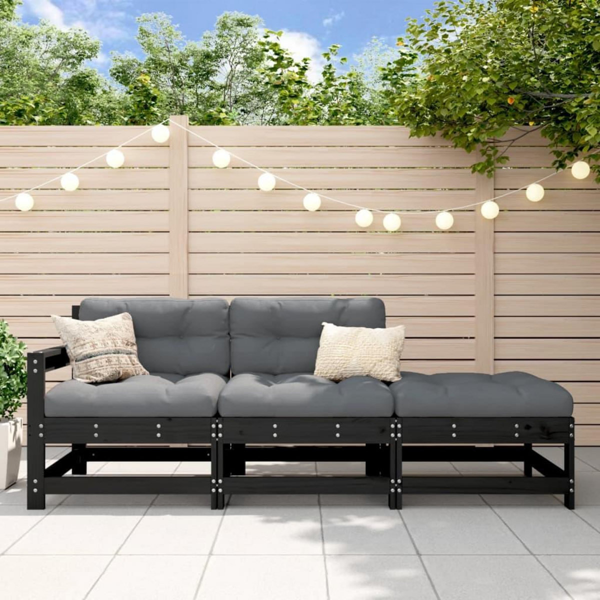 VIDAXL Salon de jardin 3 pcs avec coussins noir bois massif