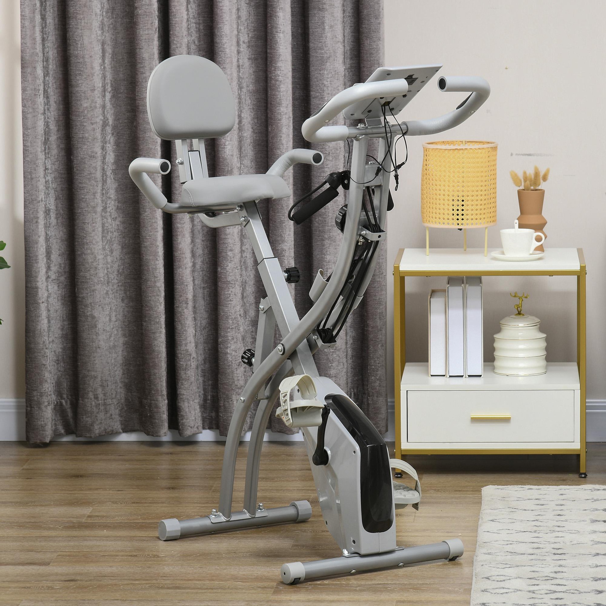 Voir la diapositive 2 : HOMCOM Vélo d'appartement pliant 8 niveaux de résistance magnétique dossier selle réglable poignées ergonomiques écran LCD multifonction suspensions support tablette acier