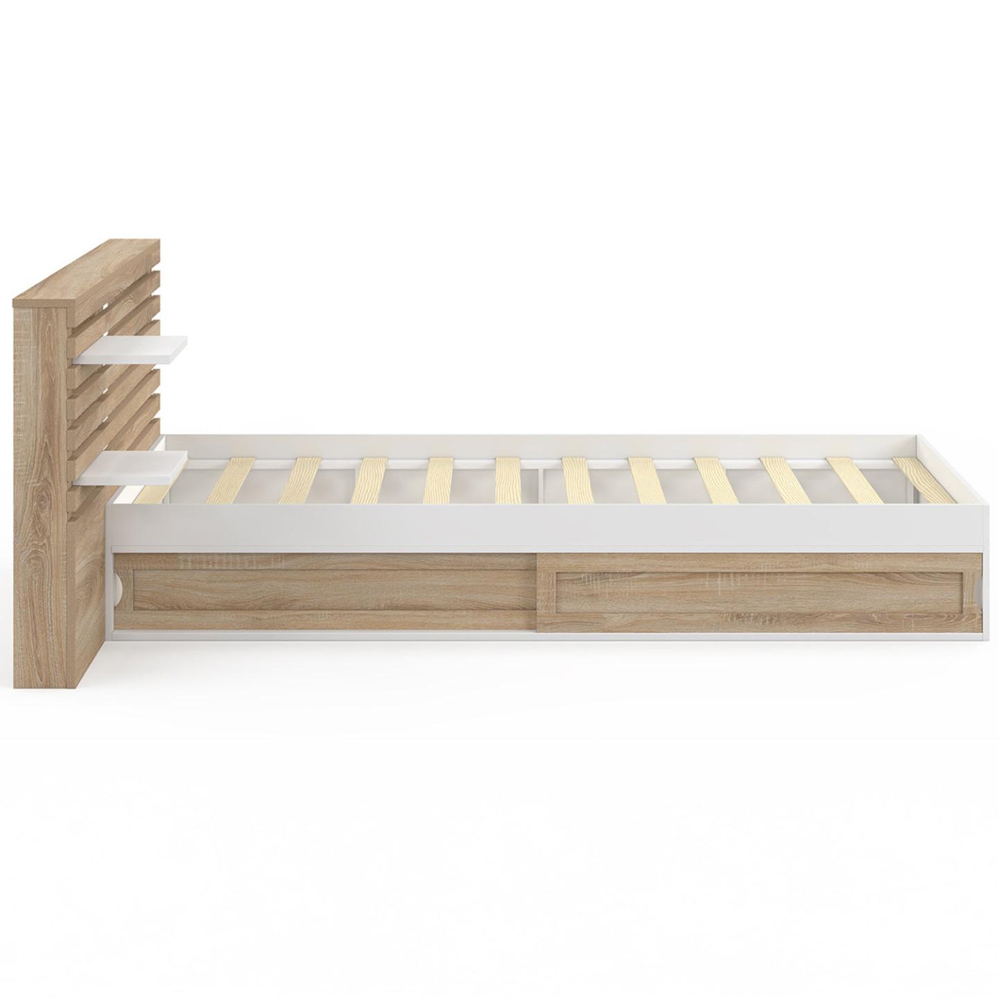 Voir la diapositive 4 : ID MARKET Lit simple savana avec tête de lit, chevets, rangements et sommier 90 x 190 cm façon hêtre et blanc