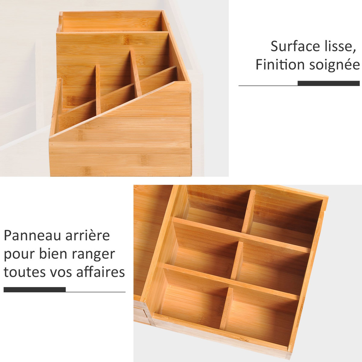 HOMCOM Boite de rangement de bureau - organiseur de bureau - 7 compartiments, 2 tiroirs - bambou verni