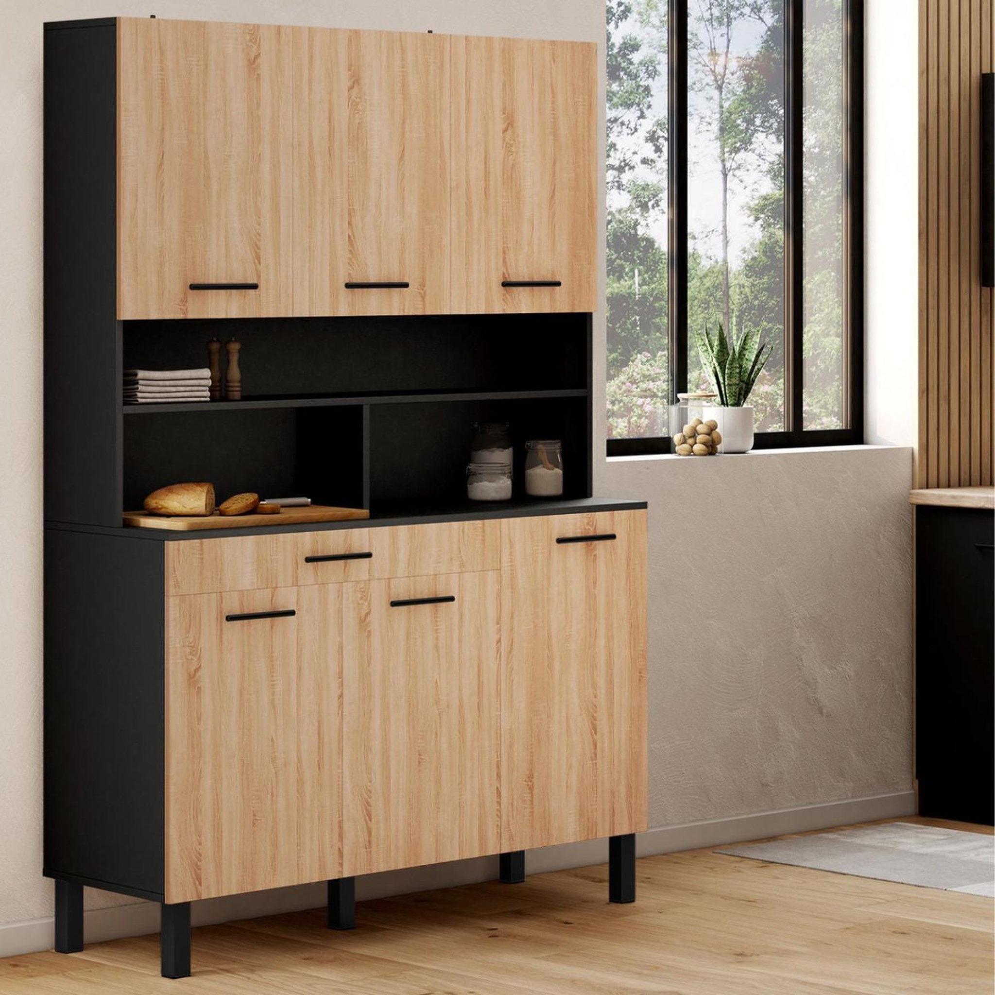 Voir la diapositive 2 : ID MARKET Buffet de cuisine 120 cm cina 6 portes + tiroir noir et façon hêtre