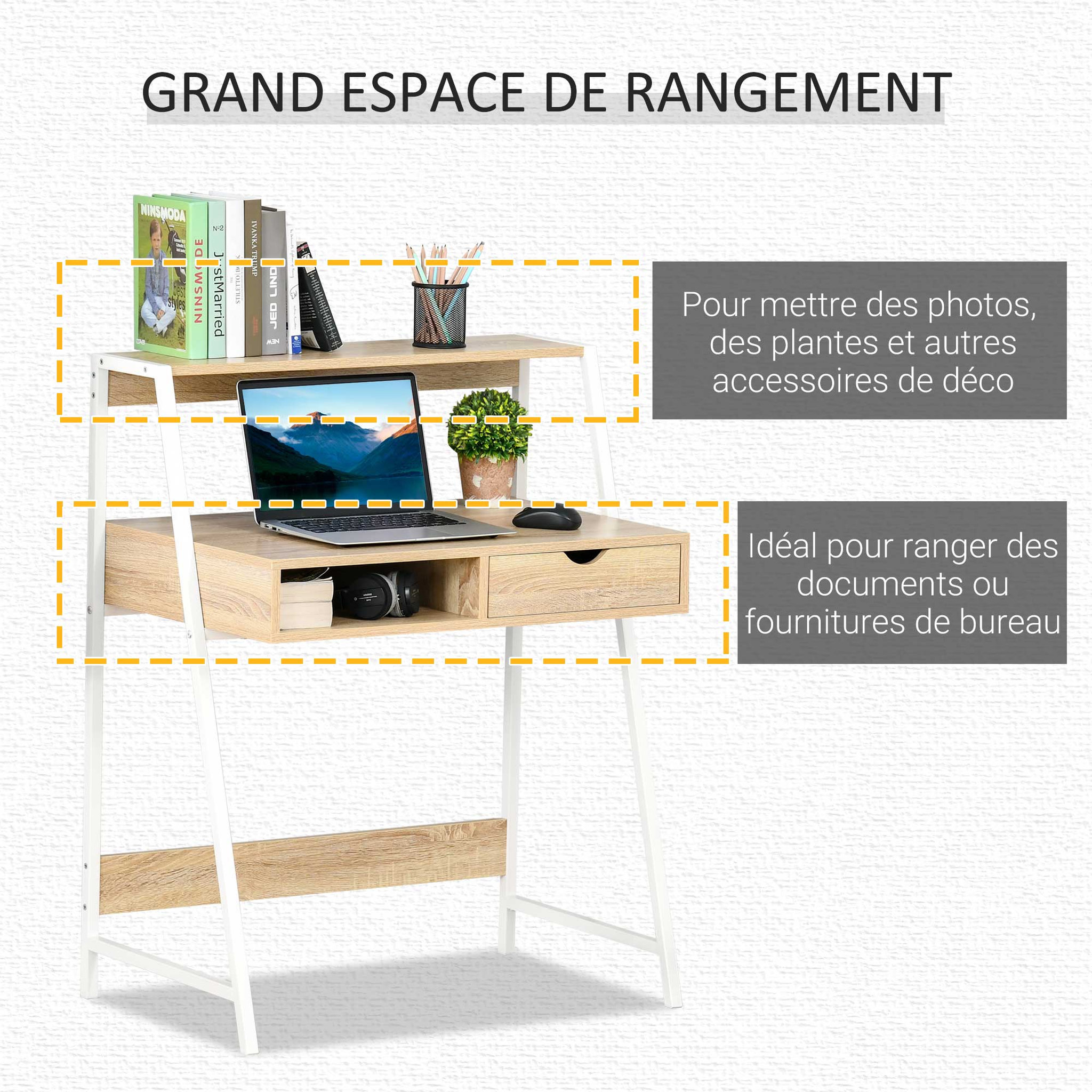 Voir la diapositive 2 : HOMCOM Bureau secrétaire bureau informatique style néo-rétro tiroir niche étagère métal blanc aspect chêne clair