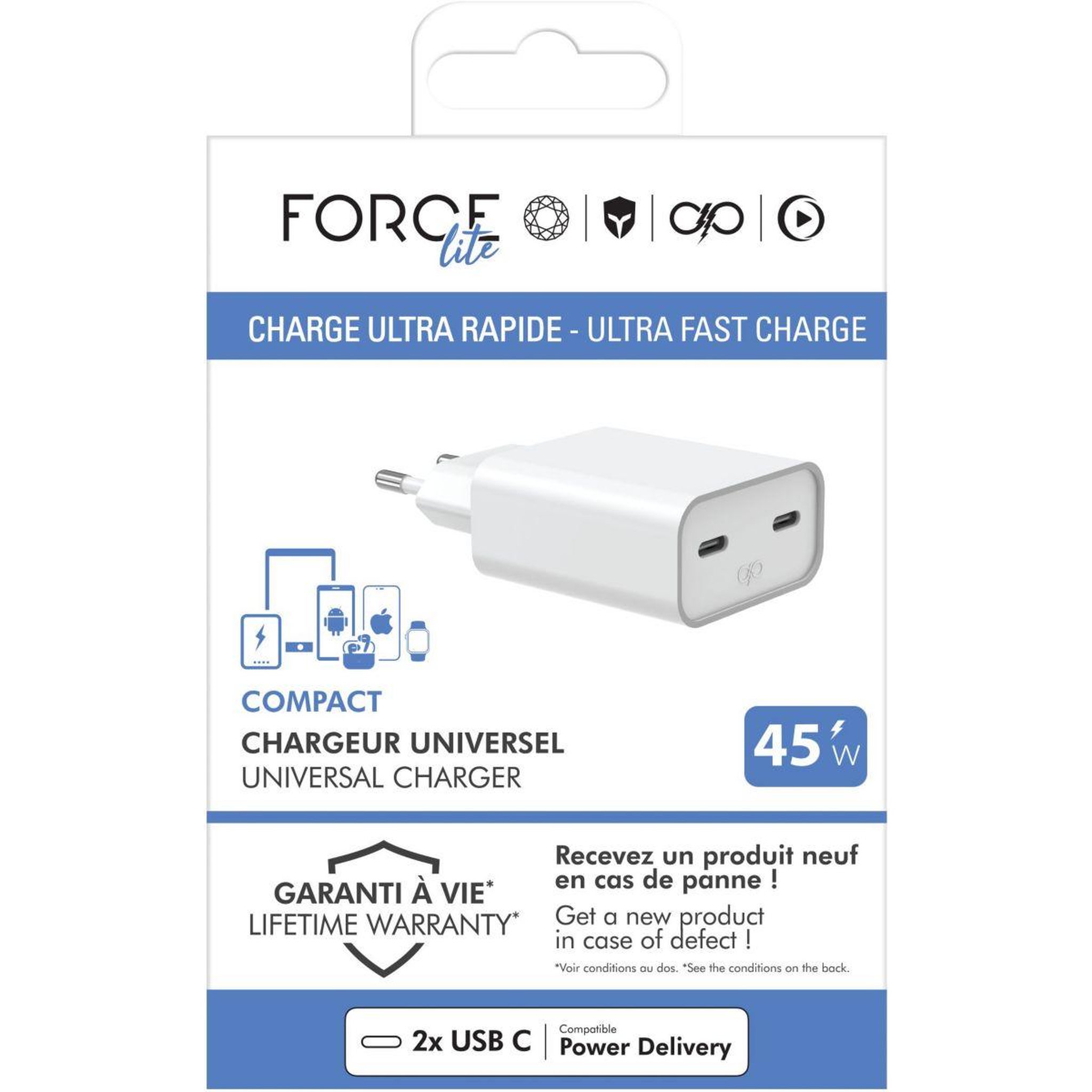 Voir la diapositive 4 : FORCE POWER Chargeur 2x usb-c 45w recyclé blanc