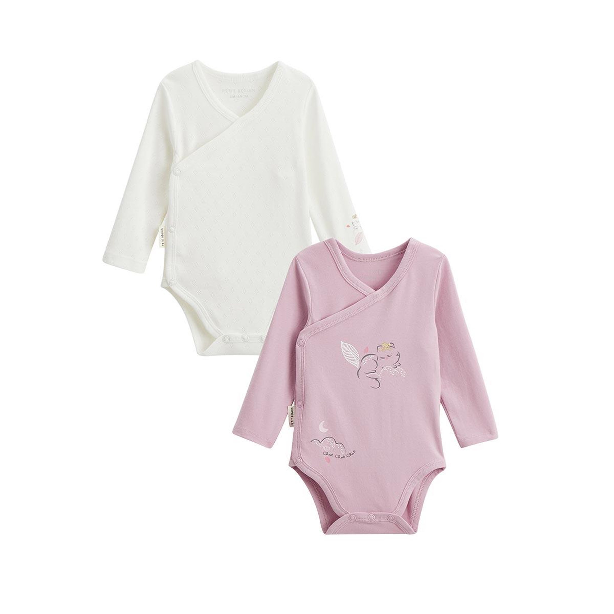 Petit Béguin Lot de 2 bodies bébé manches longues ouverture croisée Miss Chatchatchat. Coloris disponibles : Rose