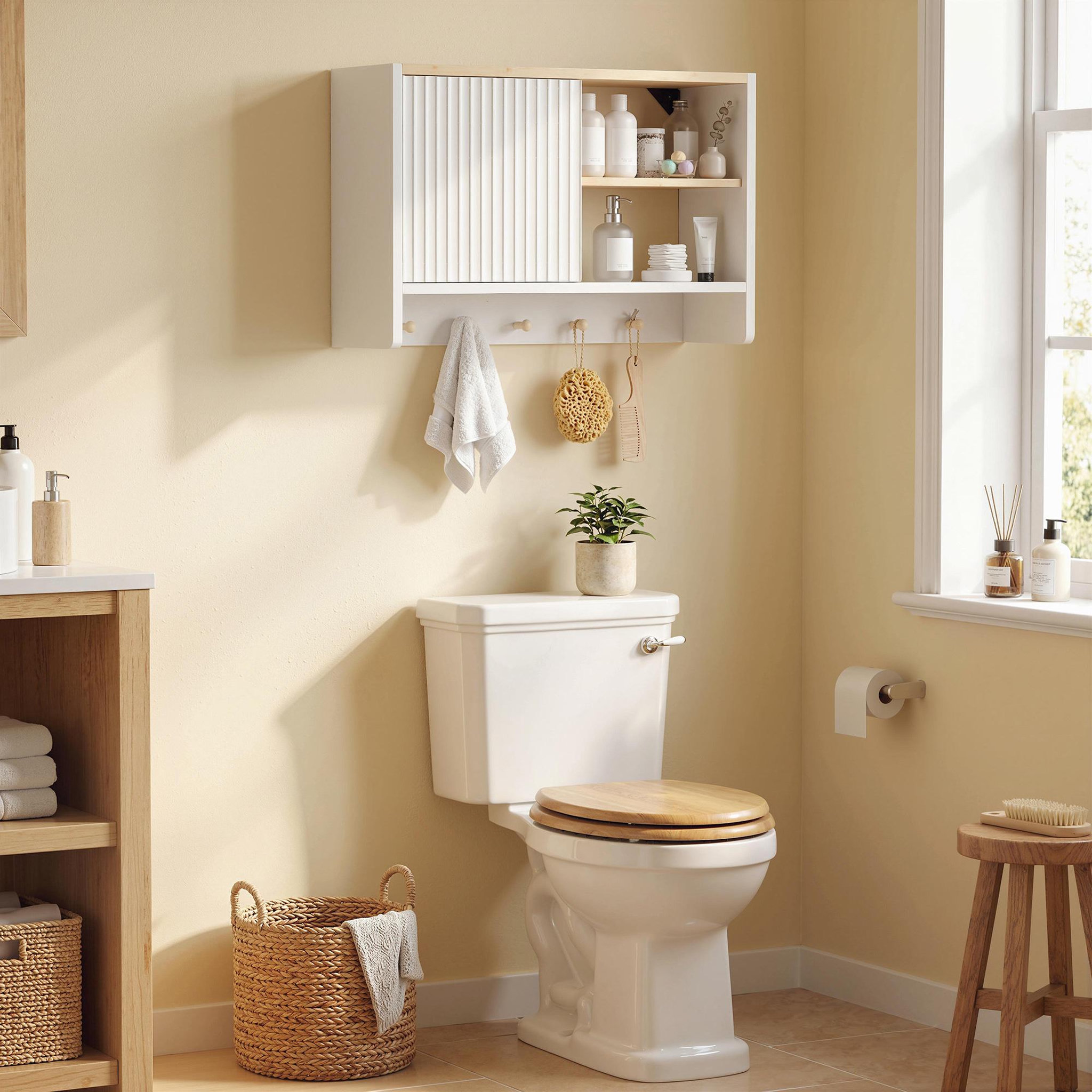 Voir la diapositive 2 : HOMCOM Armoire murale salle de bain rangement porte crochets bois blanc chêne