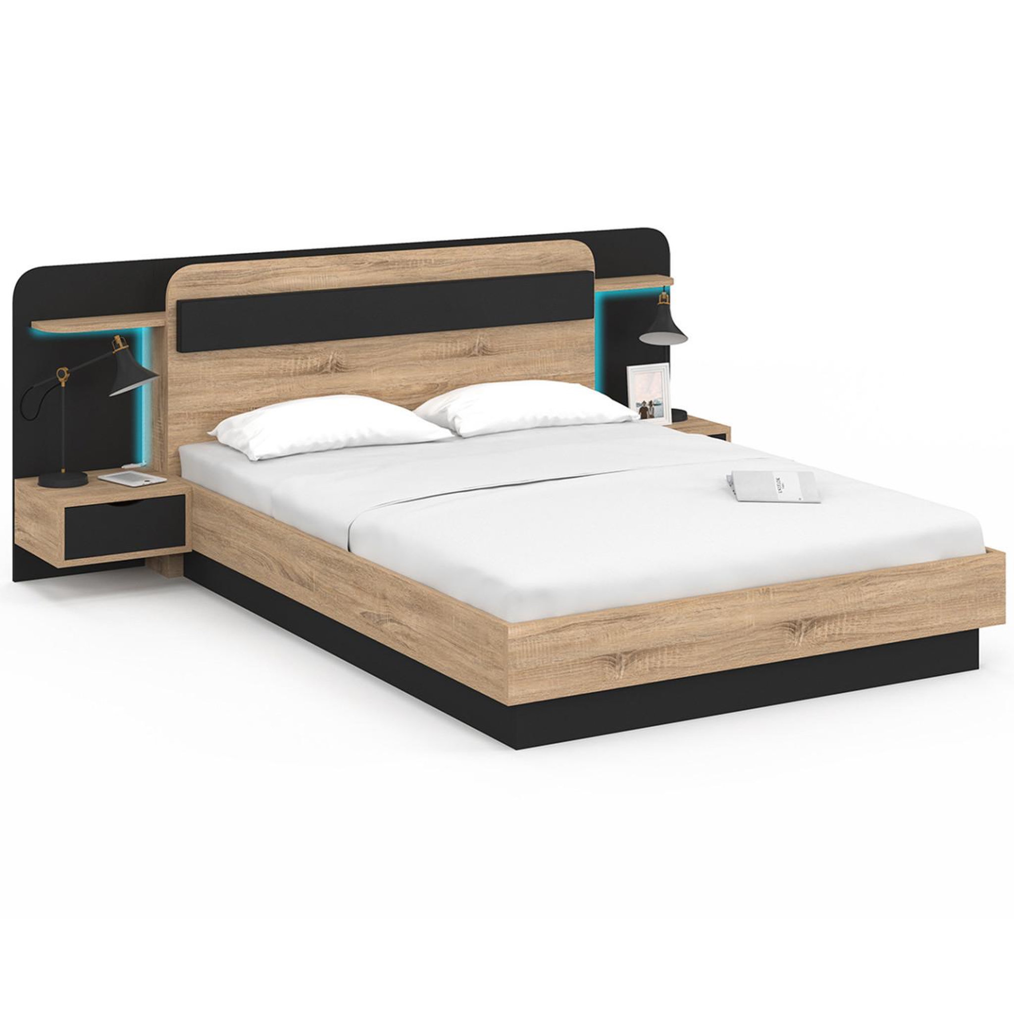 ID MARKET Lit double nathan 140 x 190 cm avec tête de lit, chevets suspendus, étagère, led et sommier bois et noir