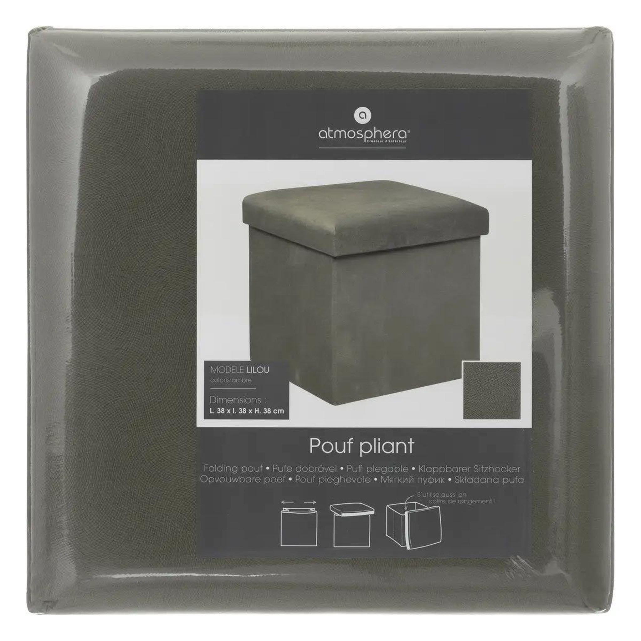 Voir la diapositive 3 : ATMOSPHERA Pouf coffre pliable en velours  lilou  38cm gris