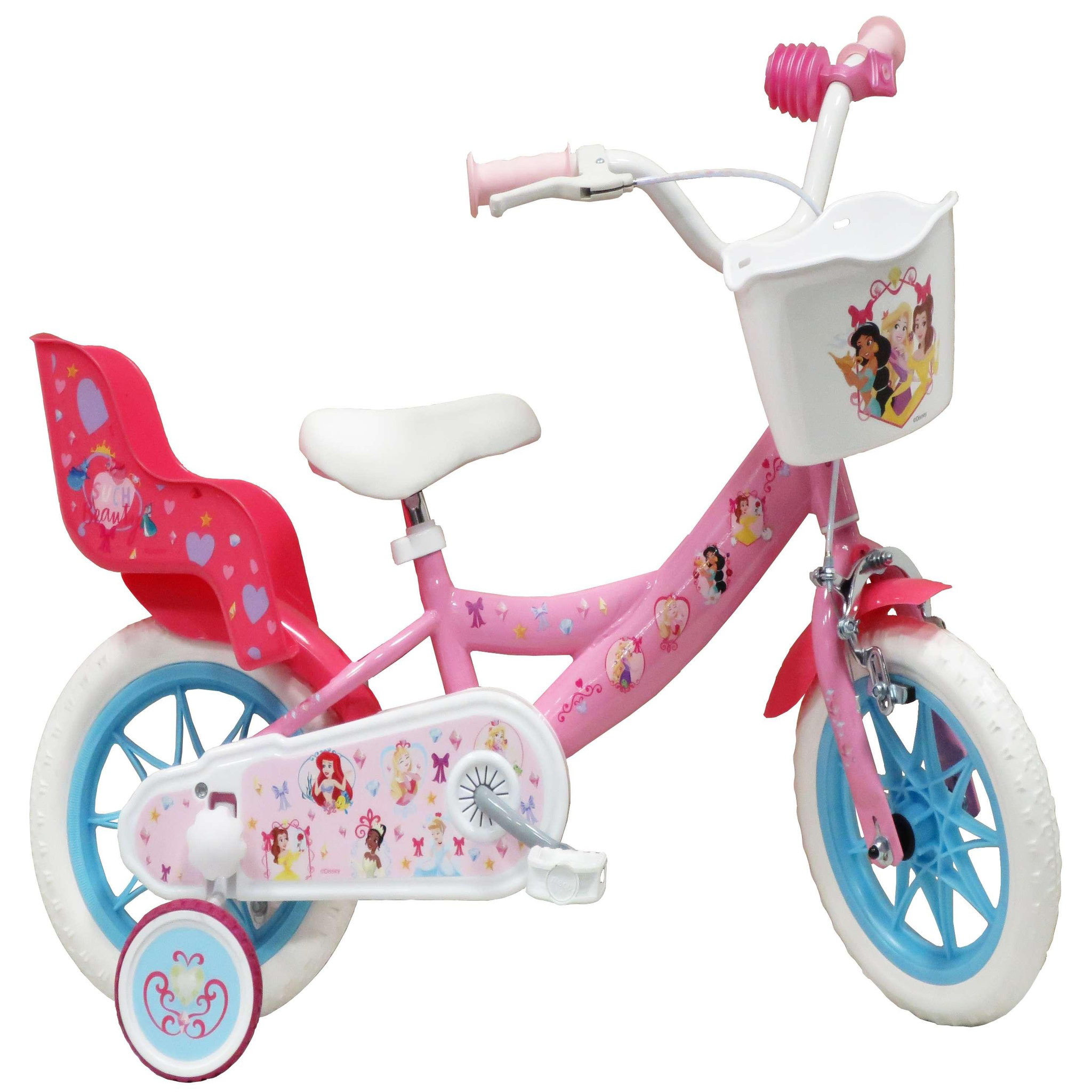Disney Princesse Vélo enfant - Moidèle 12'' Princesse de Disney pour enfant de 85/100 cm avec stabilisateurs - 1 Frein - Panier avant - Porte poupée arrière et roues bâtons