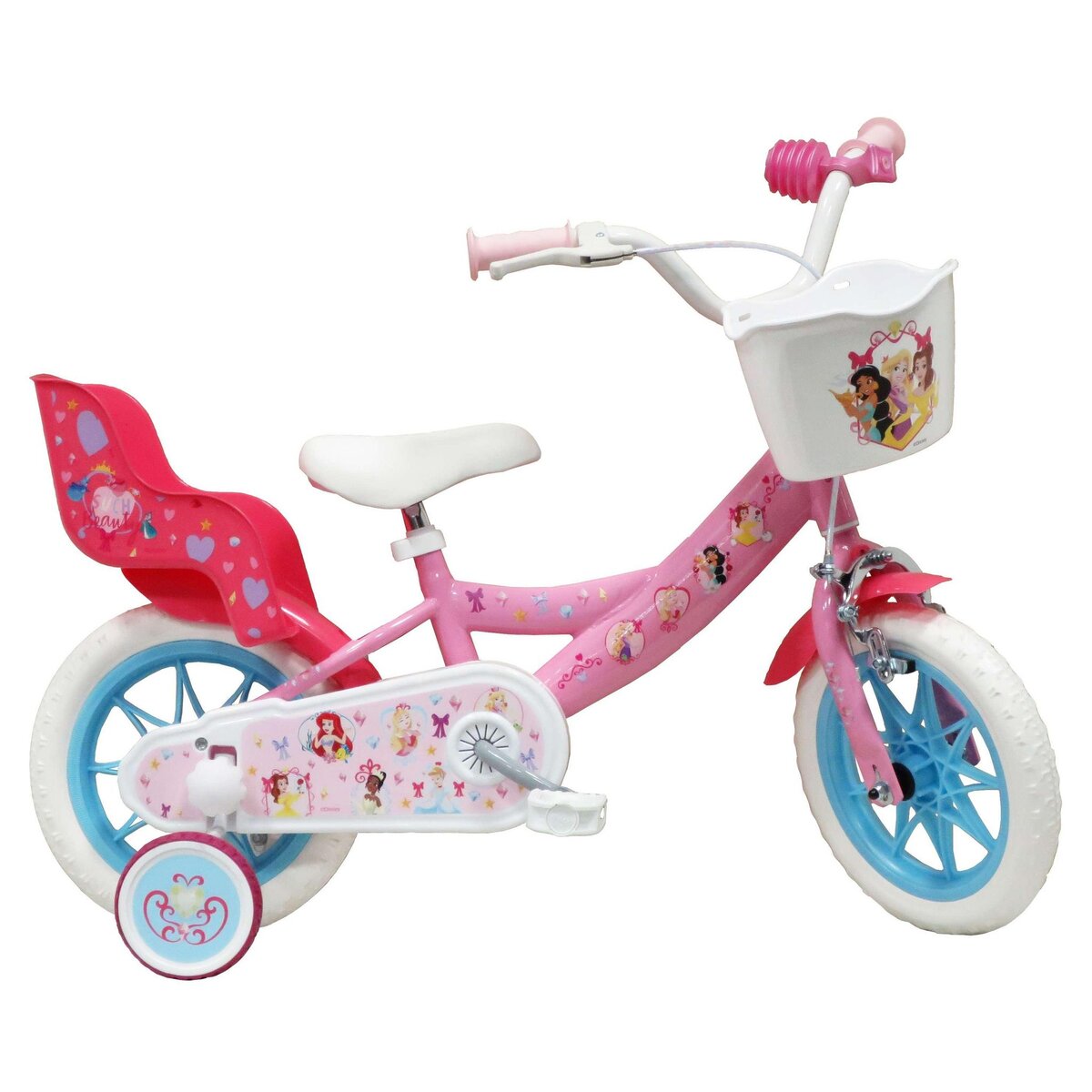 Disney Princesse Vélo enfant - Moidèle 12'' Princesse de Disney pour enfant de 85/100 cm avec stabilisateurs - 1 Frein - Panier avant - Porte poupée arrière et roues bâtons