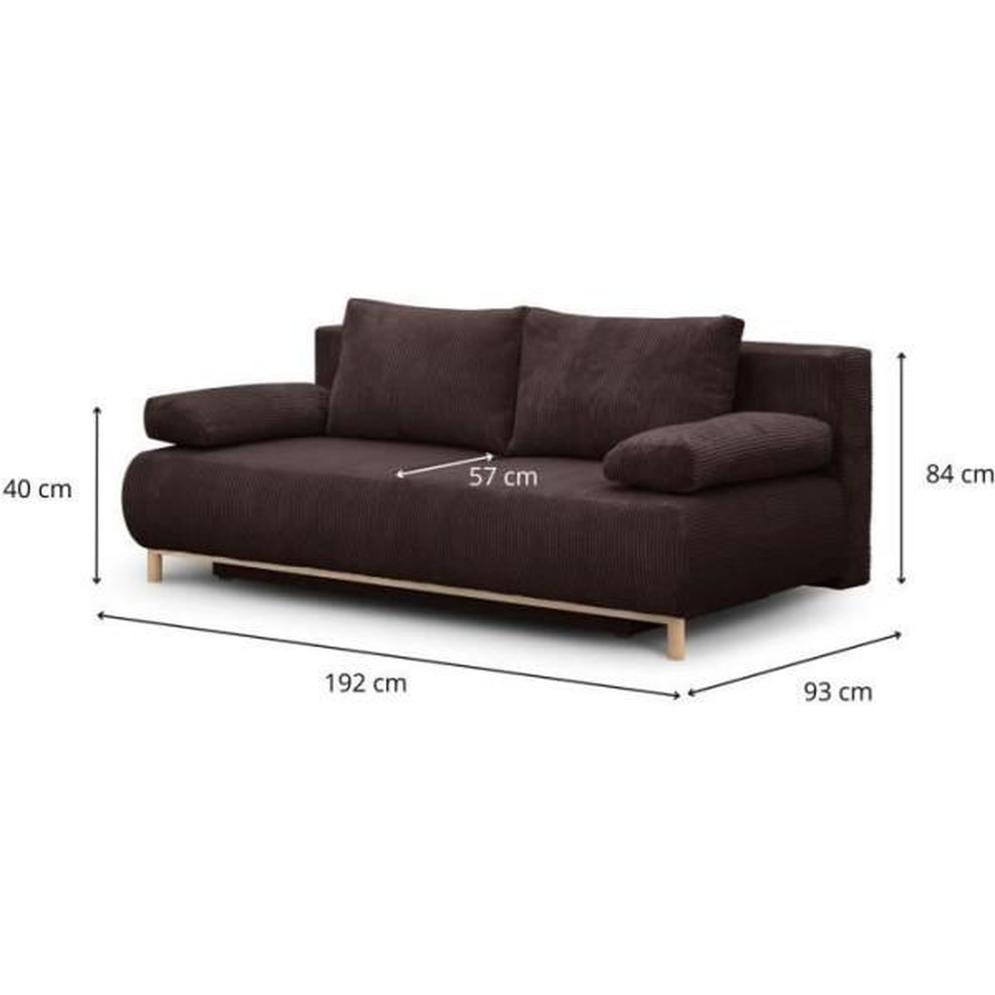 Voir la diapositive 3 : MARKET24 Banquette convertible 3 places MIKA - Velours côtelé marron foncé - Coffre de rangement - L 192 x H 84 x P 93 cm
