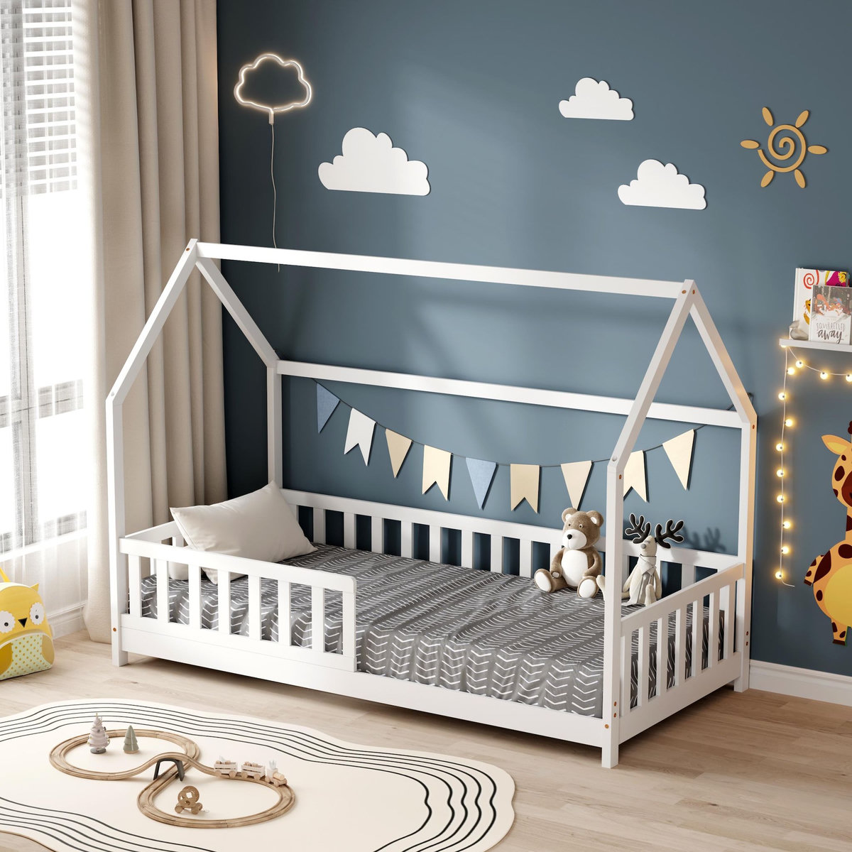 MINEA MINEA | Lit cabane avec barrière TCHOUPI 90x190 cm (matelas non inclus)