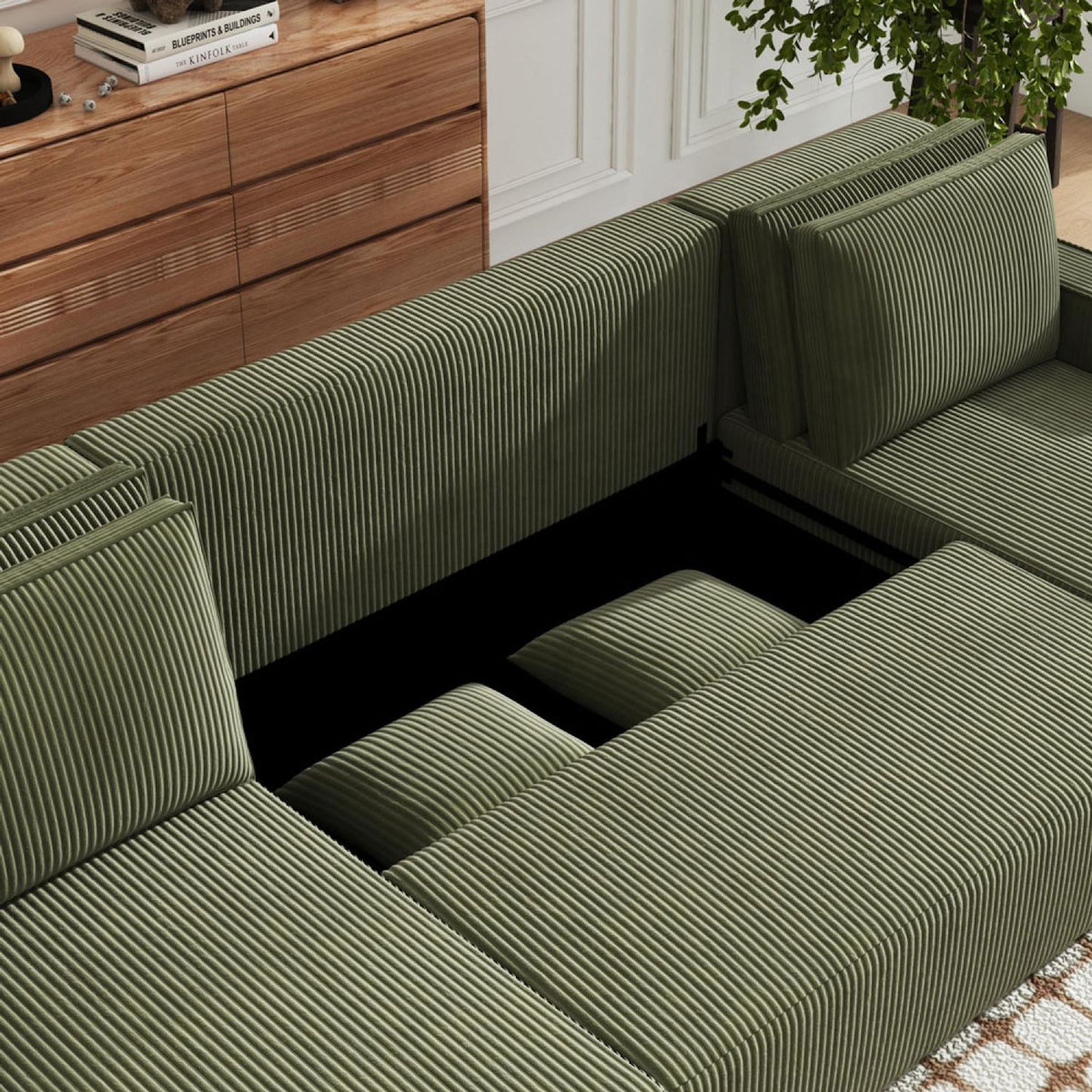 CONCEPT USINE Canapé panoramique convertible 6 places avec coffre en velours côtelé vert SALISBURY