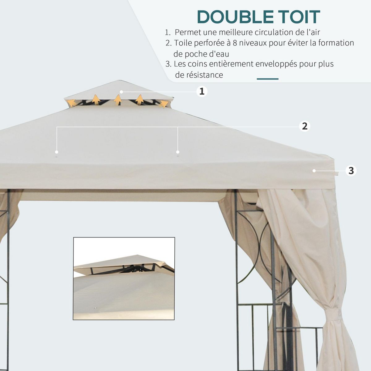 OUTSUNNY Tonnelle barnum style colonial double toit toiles latérales amovibles 2,95L x 2,95l x 2,65H m beige noir