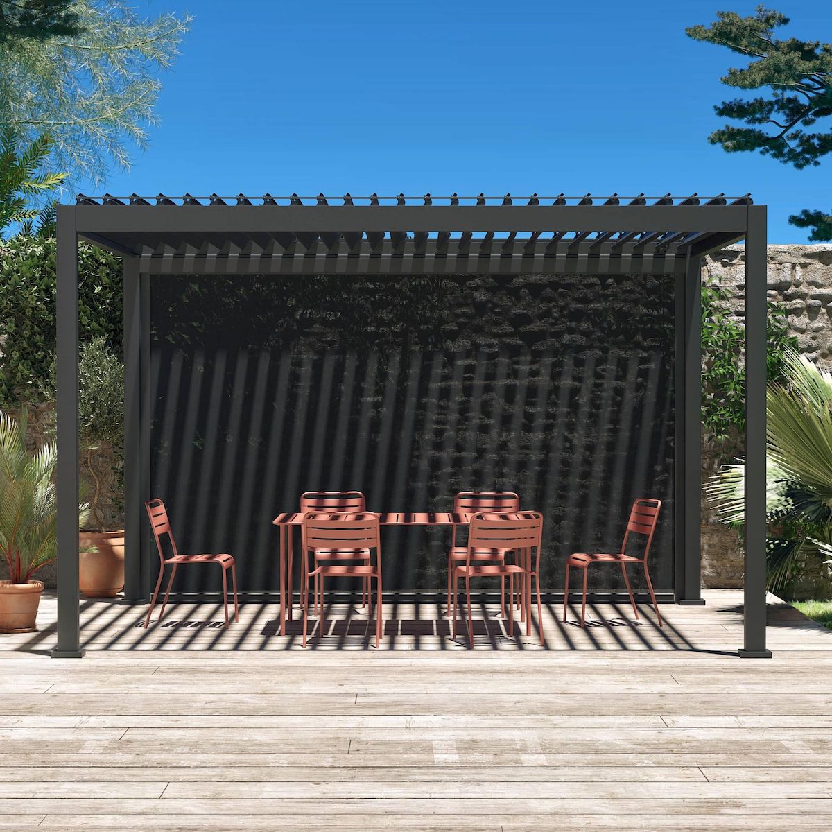 SWEEEK Pergola Bioclimatique – Triomphe – 4x3m, aluminium, à lames orientables + store 4m