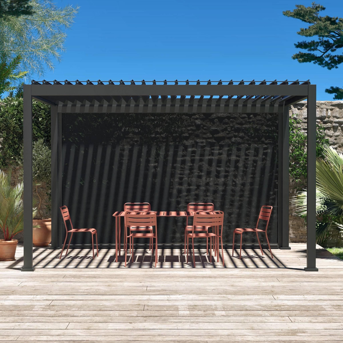 SWEEEK Pergola Bioclimatique – Triomphe – 4x3m, aluminium, à lames orientables + store 4m