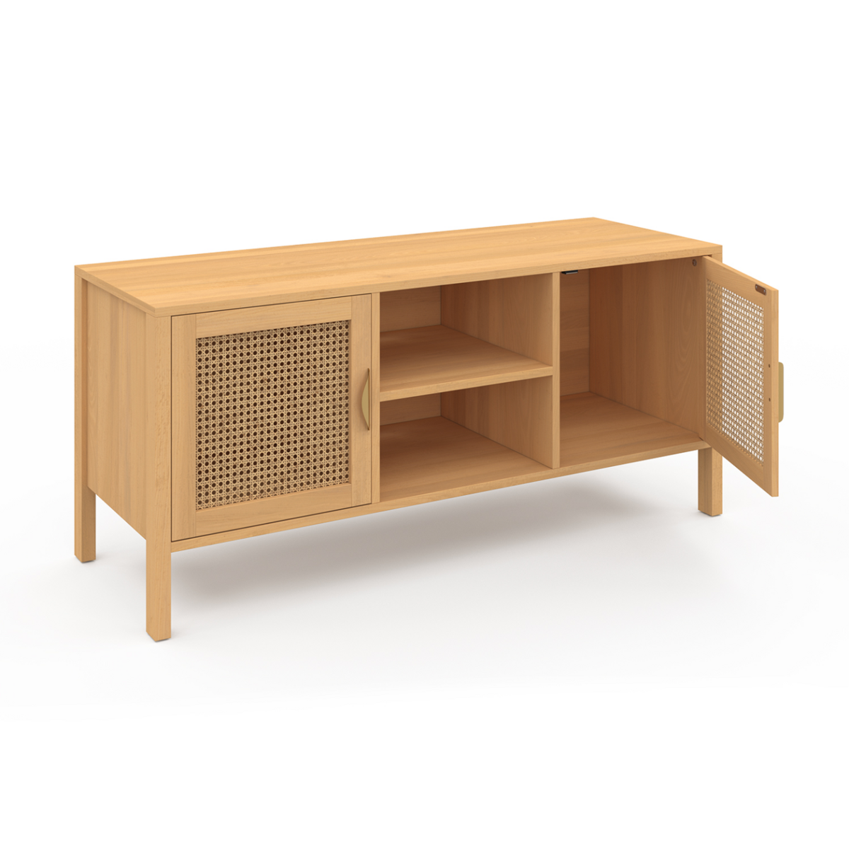 ID MARKET Meuble TV 110 cm EDHEN 2 portes bois et cannage