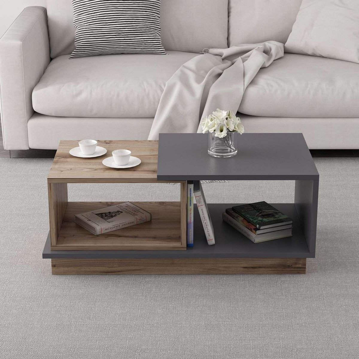 TOILINUX Table basse 2 niches Zéline en bois - Anthracite et beige