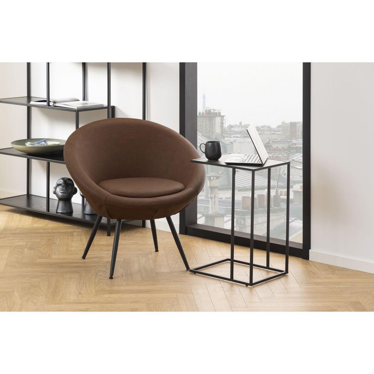 TOILINUX Table d'appoint ou à café rectangulaire haute effet marbre en Mélamine et Métal - L. 43 cm x H. 63 cm - Noir