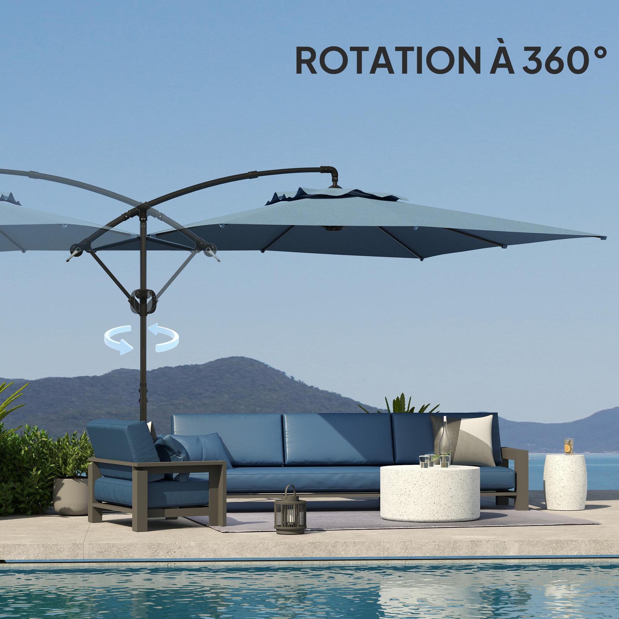 Voir la diapositive 5 : OUTSUNNY Parasol déporté carré 3 x 3 m réglable piètement croix manivelle tissu haute densité 180g/m² UPF50+ bleu
