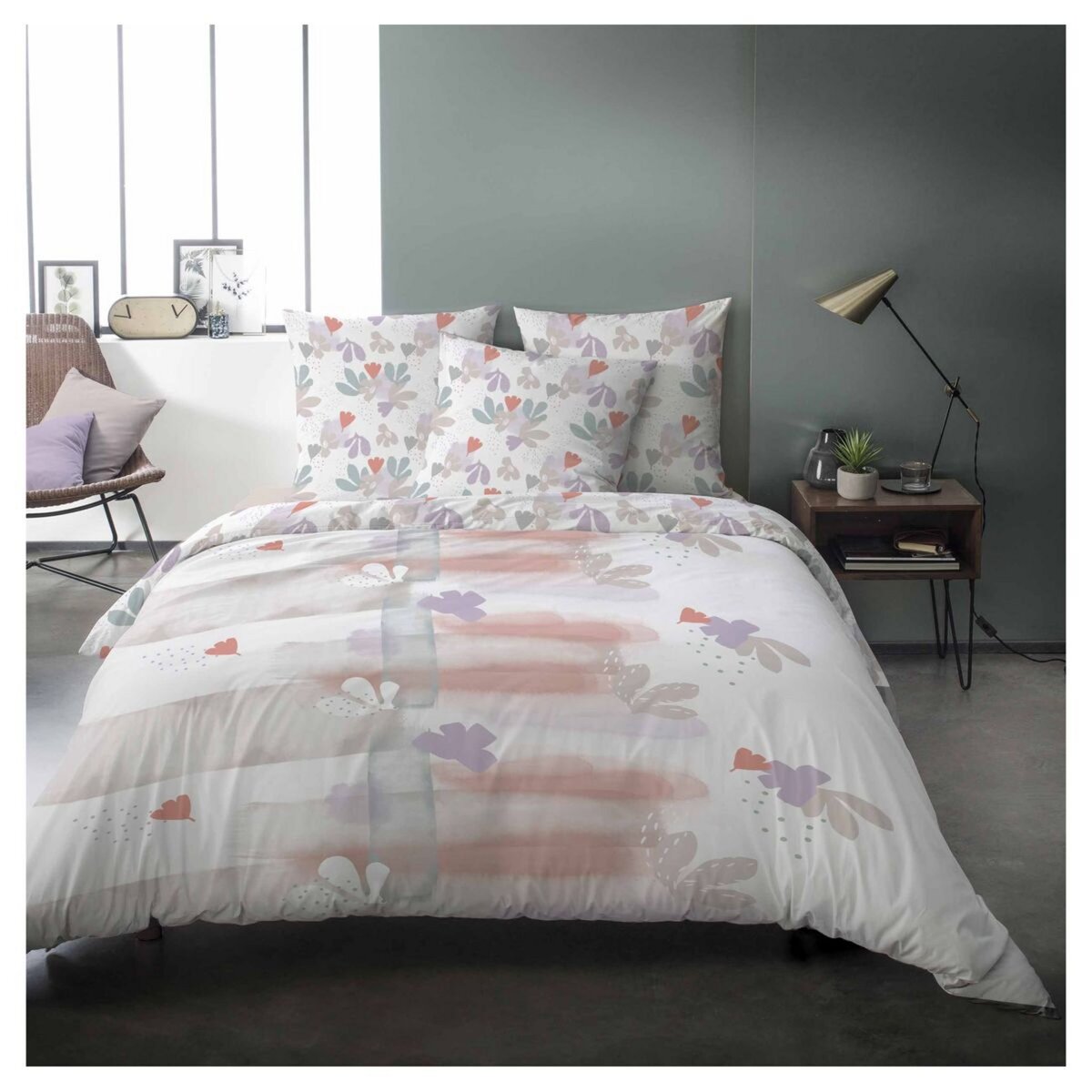 Housse de couette aux motifs floraux et graphiques - Blanc