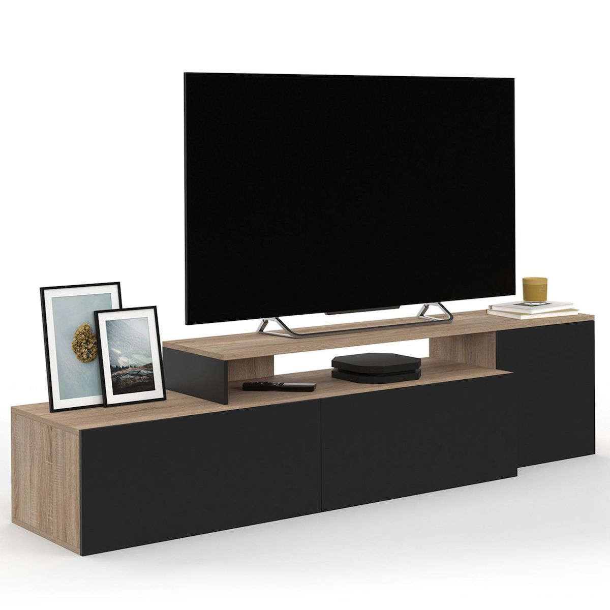 ID MARKET Meuble TV 140-180 cm modulable d'angle BASILE rotatif bois et noir