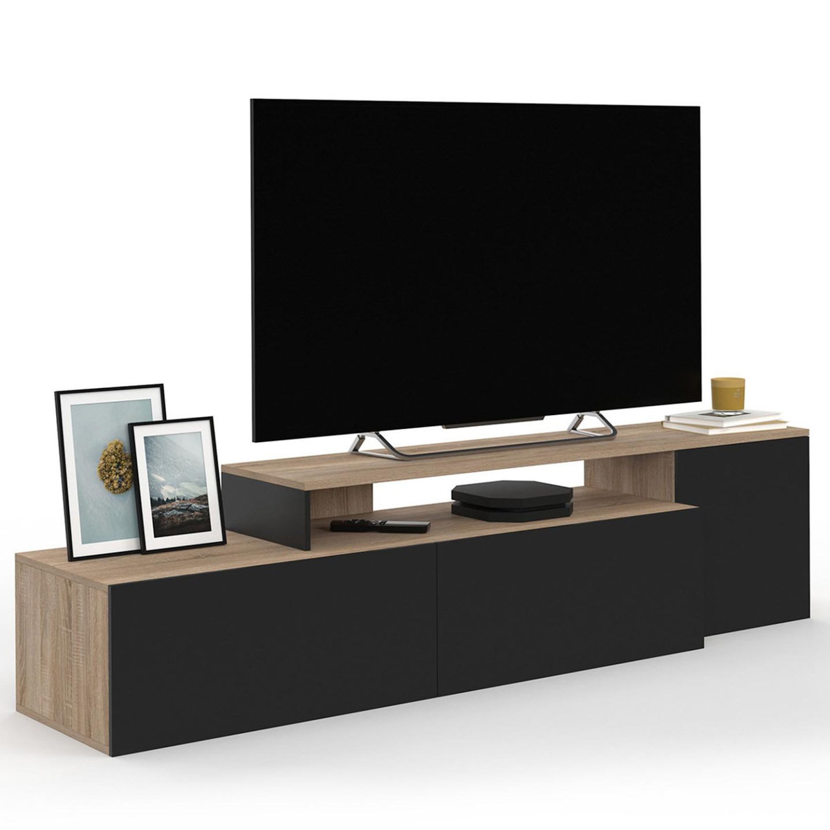 ID MARKET Meuble TV 180-240 cm modulable d'angle BASILE rotatif bois et noir