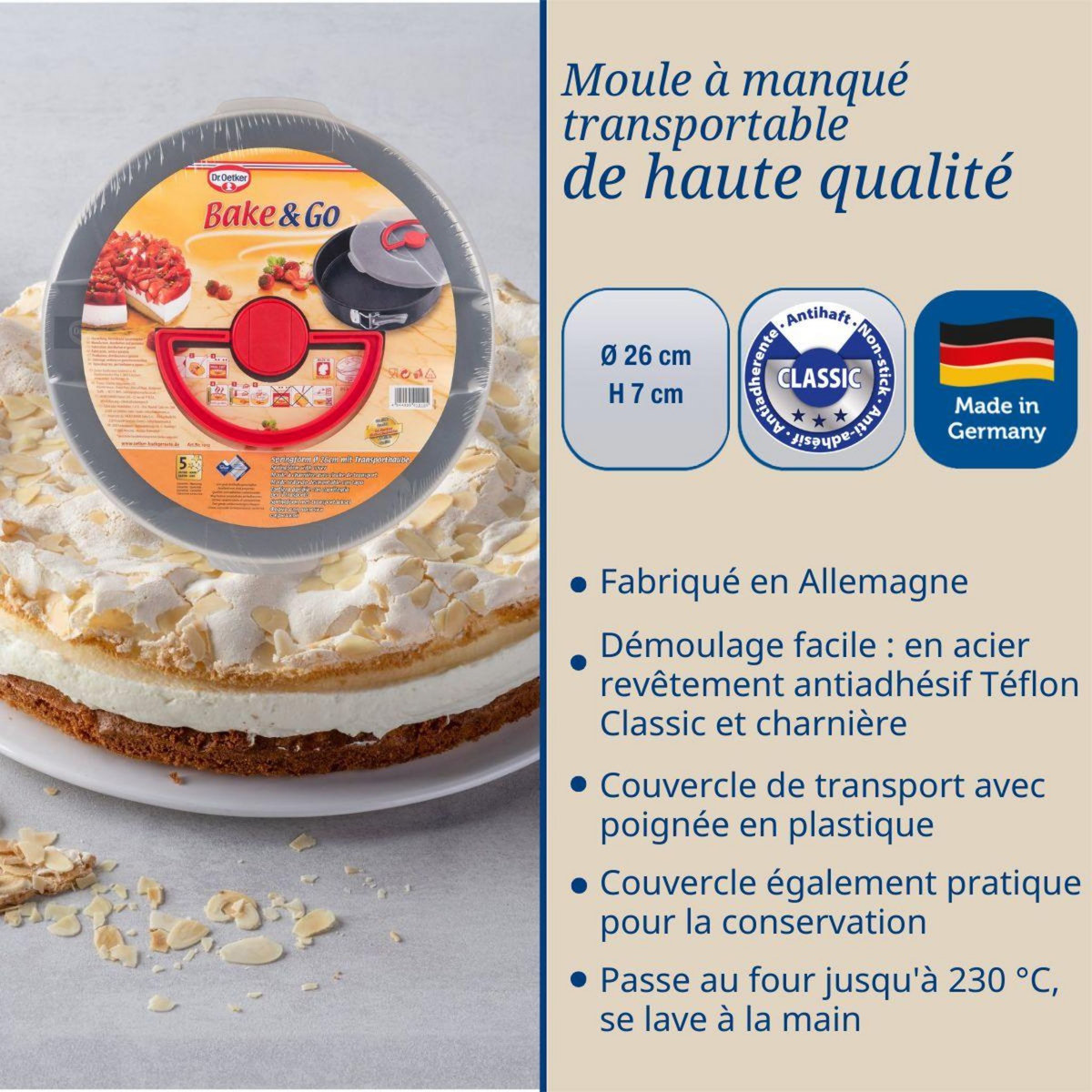 DR.OETKER Moule à manqué à charnière 26 cm avec couvercle de transport Dr. Oetker Bake and Go