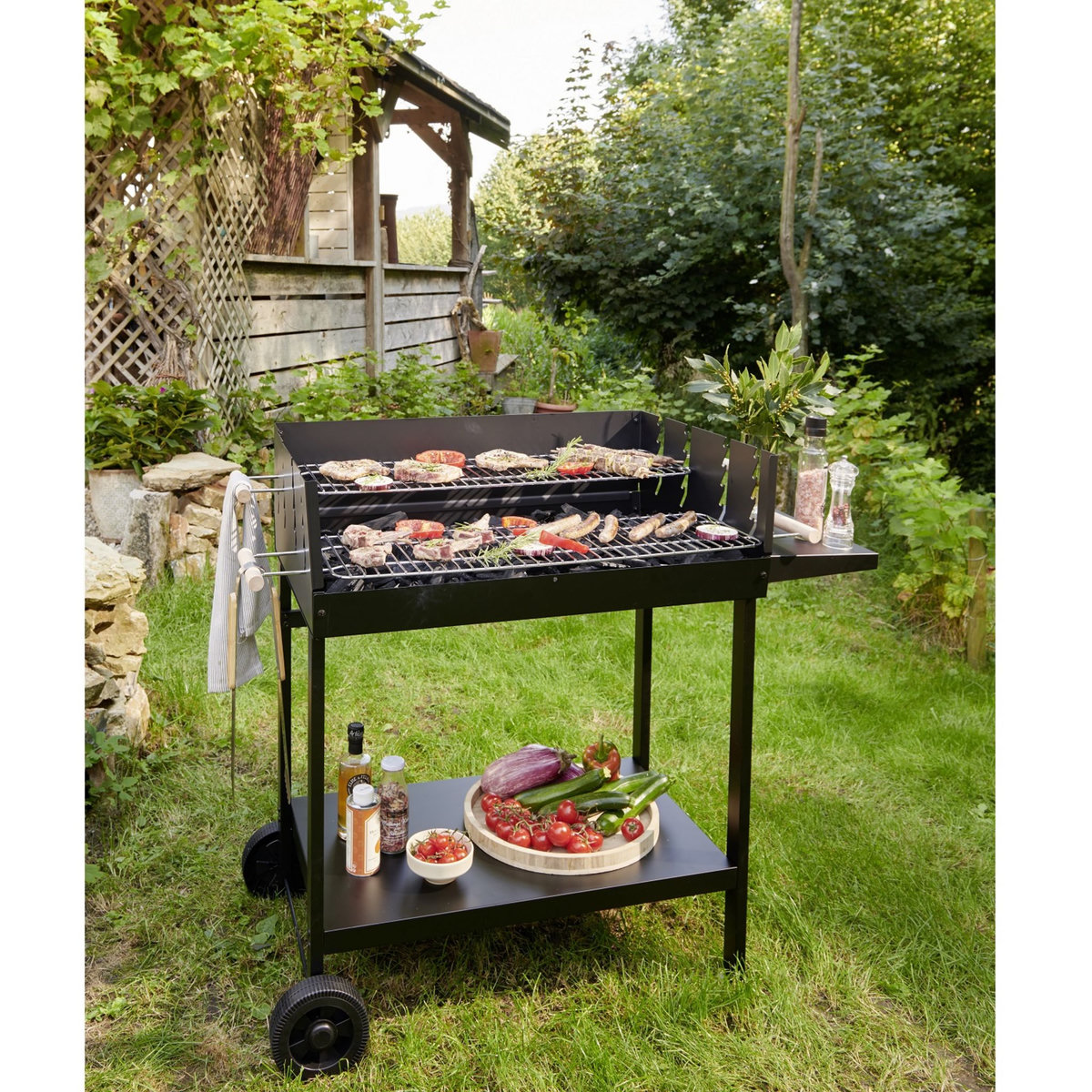 GARDENSTAR Barbecue charbon de bois rectangulaire en acier 100x60cm TROLLEY