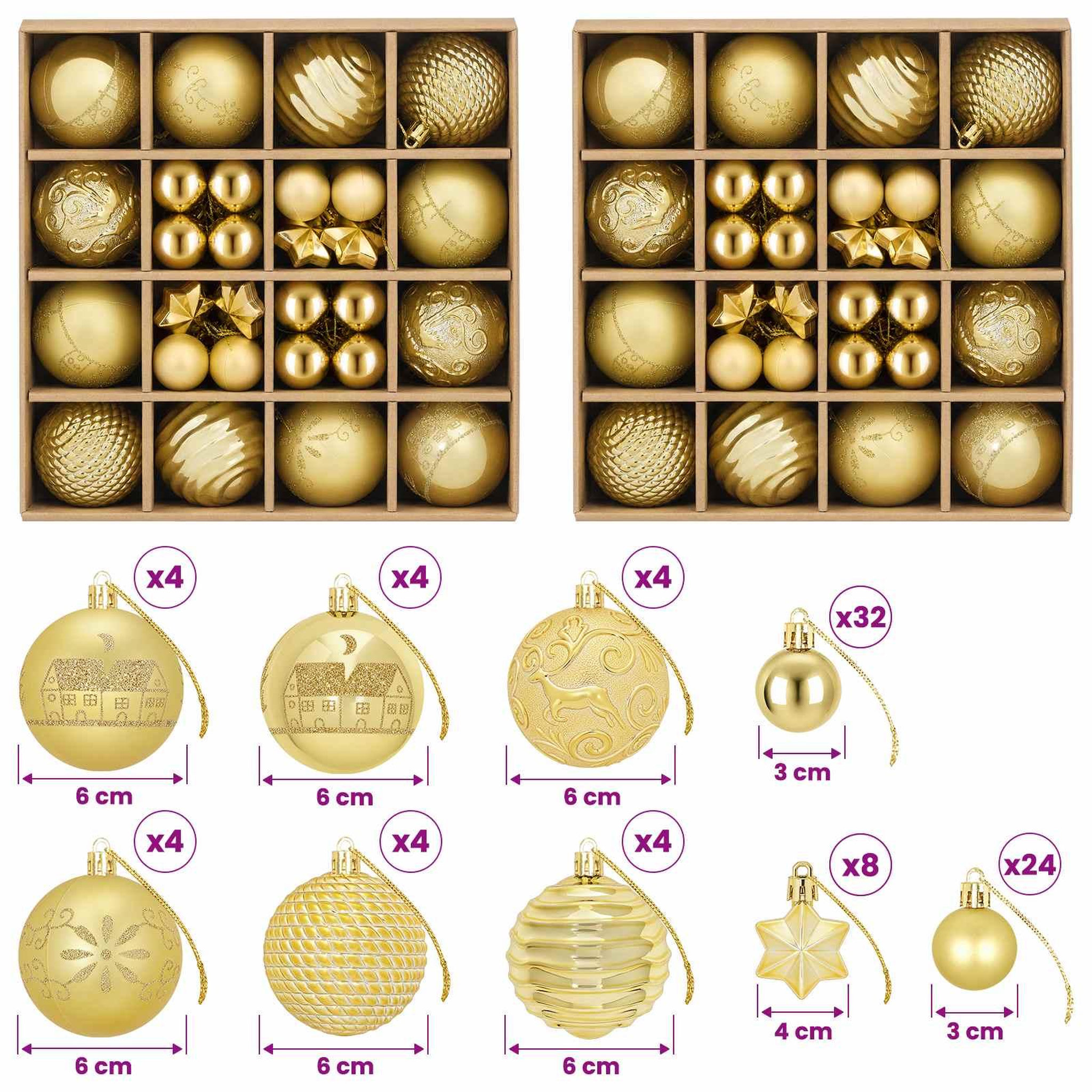 Voir la diapositive 3 : VIDAXL Ensemble de boules de Noël 88 pc Dore Diam. 6 cm Plastique