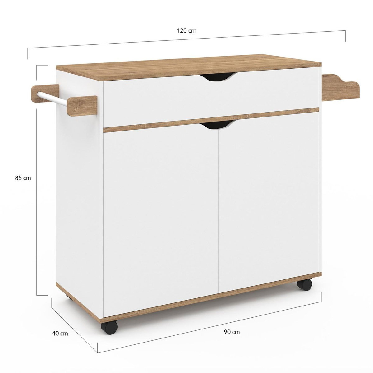 ID MARKET Desserte de cuisine COSY XXL placard avec tiroir blanc et plateaux façon hêtre L.90 CM