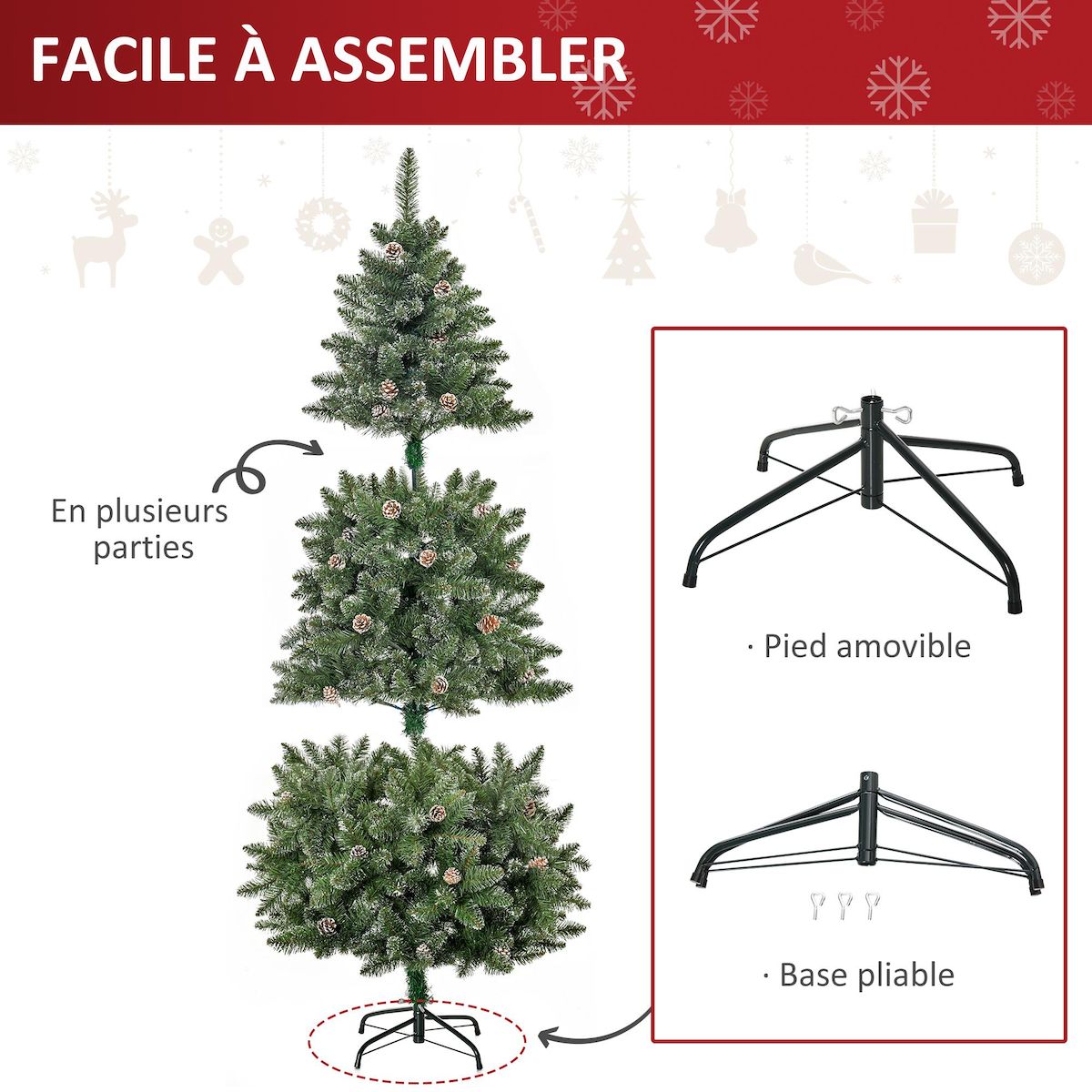 HOMCOM Sapin de Noël artificiel aspect enneigé Ø 86 x 180H cm 50 pommes de pin 718 branches épines imitation Nordmann grand réalisme