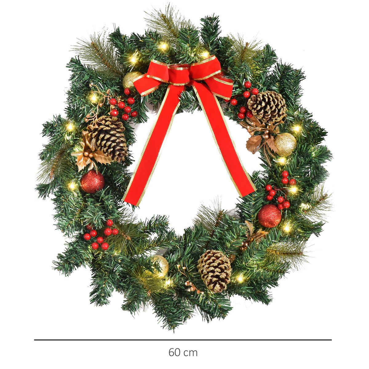 HOMCOM Couronne de Noël artificielle lumineuse - Décoration de Noël LED - Ø 60 cm 20 LED blanc chaud - décoration incluse