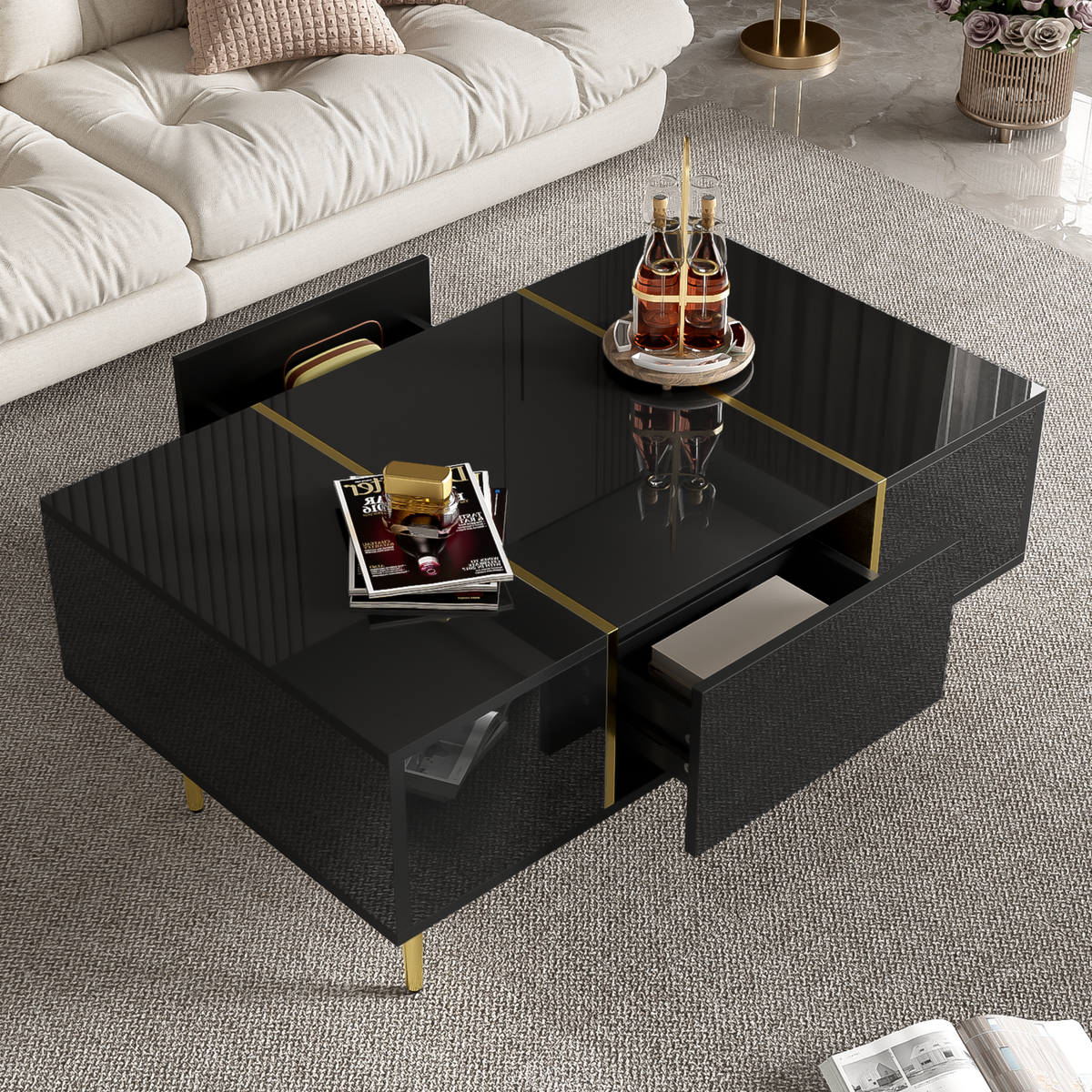 MERAX Table Basse Brillante Avec 2 Tiroirs Noir