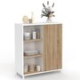 Voir la diapositive 1 : ID MARKET Buffet d'appoint 70 cm EASY montage facile sans outils 3 étagères et 1 porte coulissante réversible blanc et bois