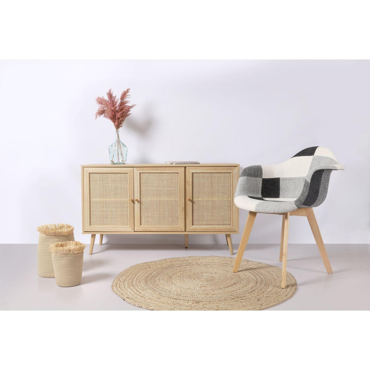 TOILINUX Buffet 3 portes en cannage et panneaux de particules - H.70cm