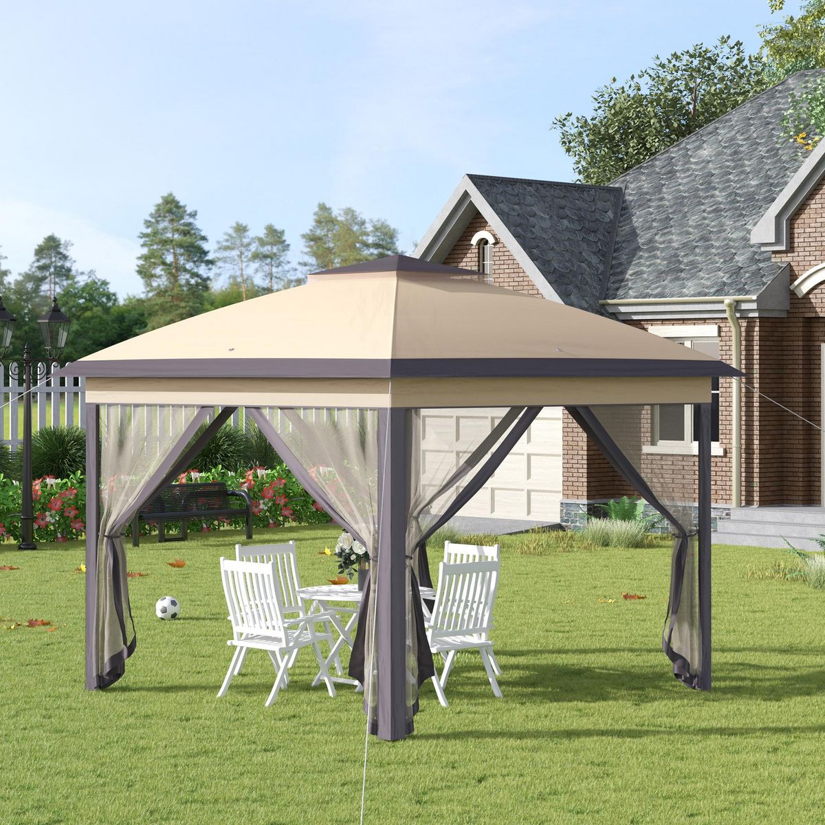 OUTSUNNY Tonnelle barnum de jardin pop-up pliant - dim. 3,30L x 3,30l x 2,88H m - hauteur réglable, double toit, sac transport - métal époxy, oxford, moustiquaires - beige gris