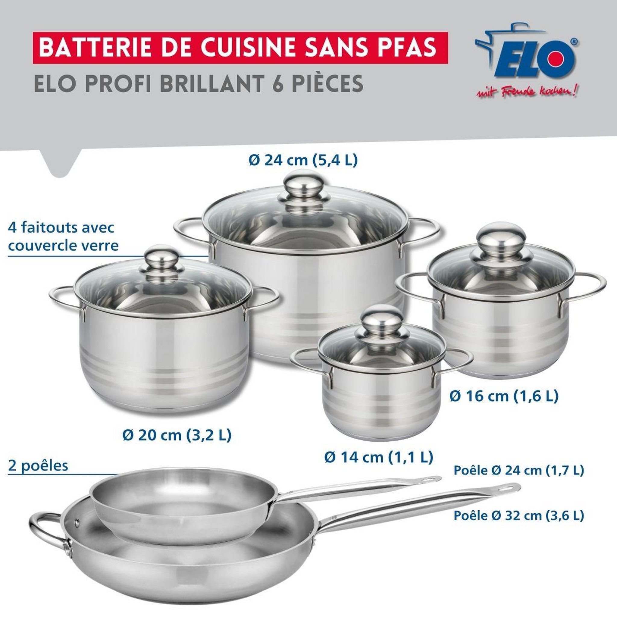 Voir la diapositive 2 : ELO Ensemble de 2 poêles de cuisson 24 et 32 cm et 4 faitouts 14, 16, 20 et 24 cm elo profi brillant