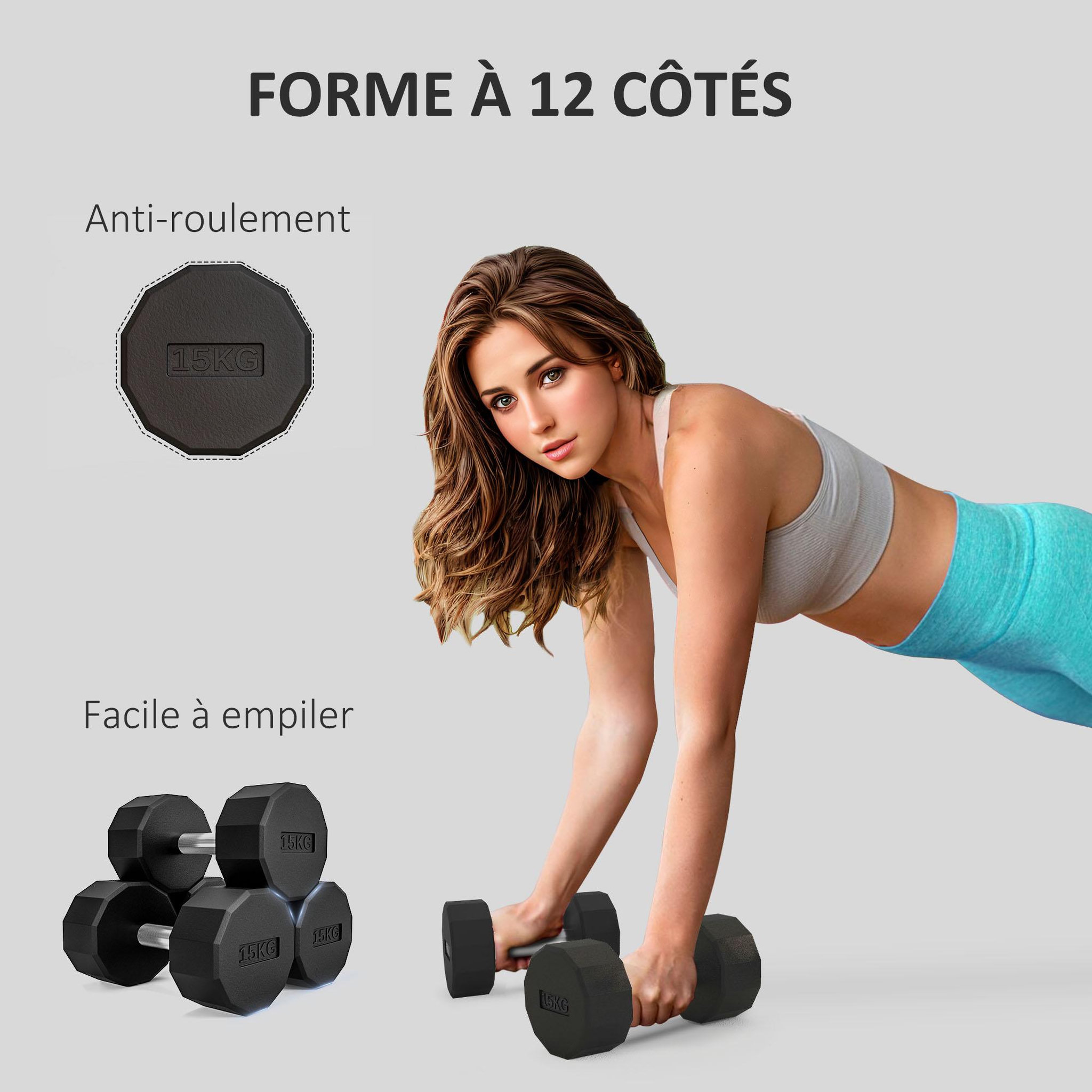 Voir la diapositive 4 : HOMCOM Haltère courte dodécagonale 15 kg - poignée antidérapante - métal caoutchouc noir