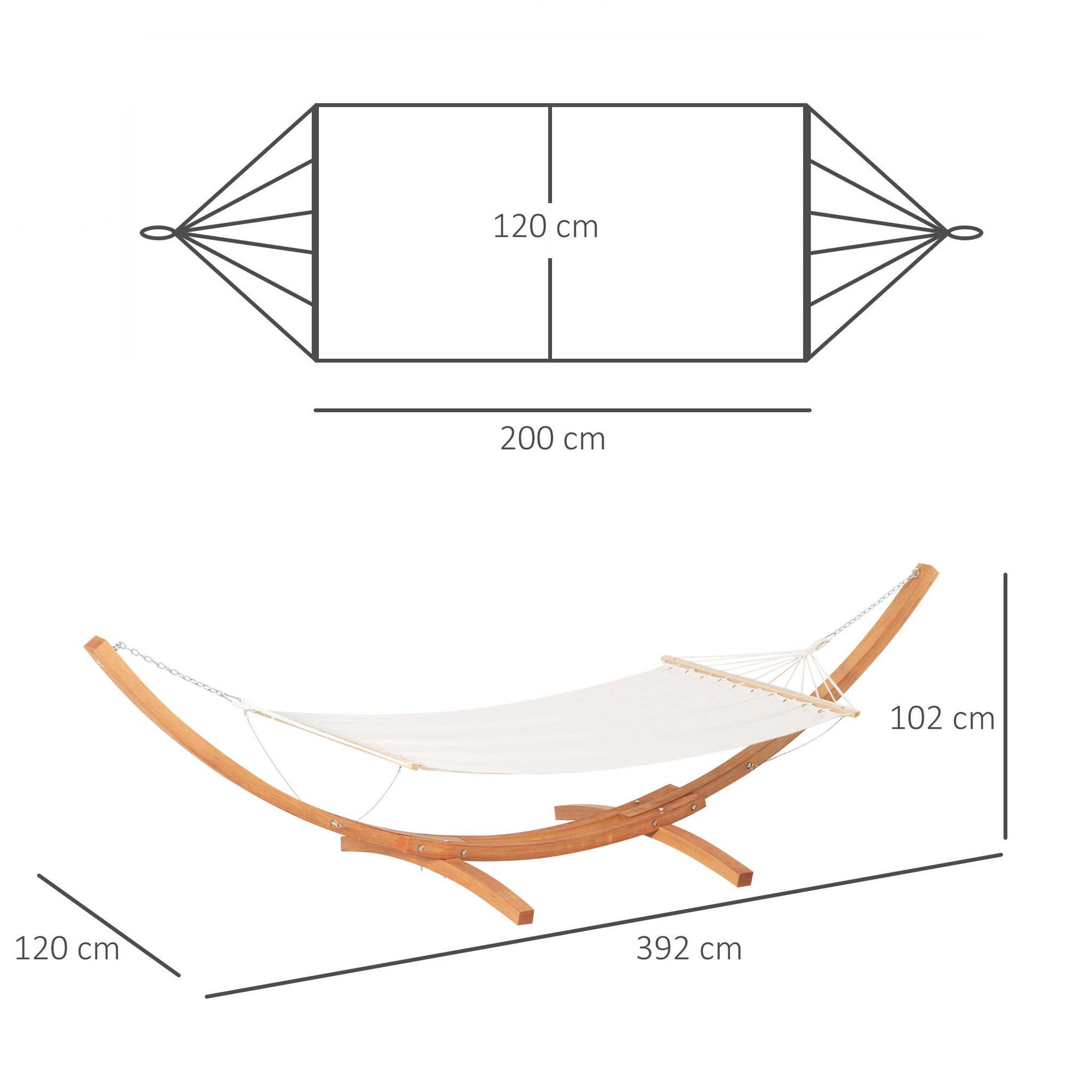 Voir la diapositive 3 : OUTSUNNY Hamac de jardin avec support en bois hamac sur pied 1 personne dim. 3,92L x 1,2l x 1,1H m toile coton blanc