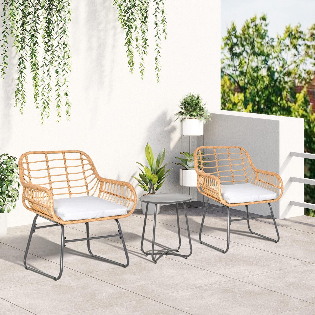 OUTSUNNY Outsunny Ensemble bistro de jardin 2 places 3 pièces style exotique 2 fauteuils + table basse résine tressée beige acier époxy gris