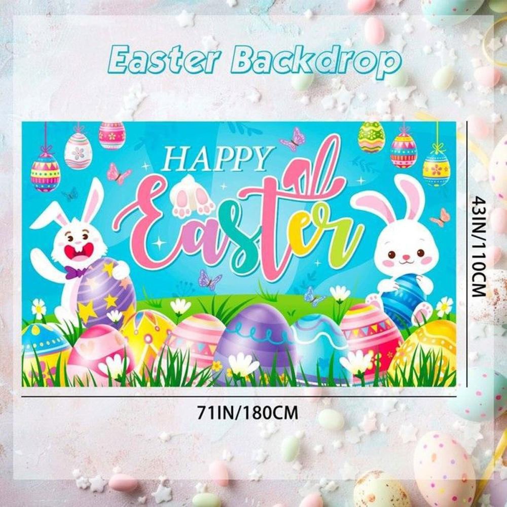 Voir la diapositive 2 : Bannière tissu décorative Joyeuses Pâques rectangulaire avec corde, motif illustré œufs, lapin et poussin, bleu multicolore, 180 x 71 cm