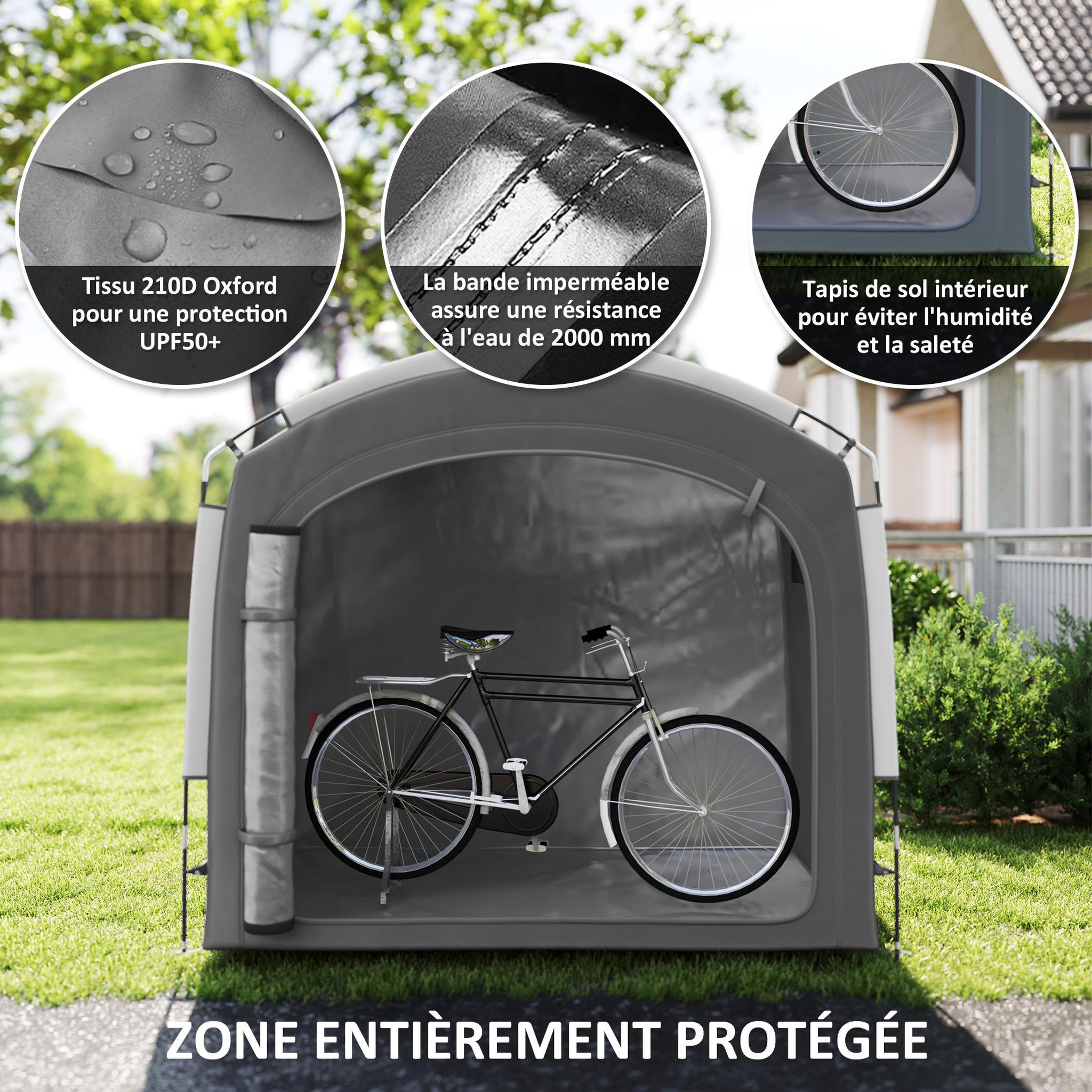 Voir la diapositive 5 : OUTSUNNY Abri vélo - tente vélo - tente de rangement extérieur - dim. 205 x 140 x 188 cm - fibre de verre oxford gris