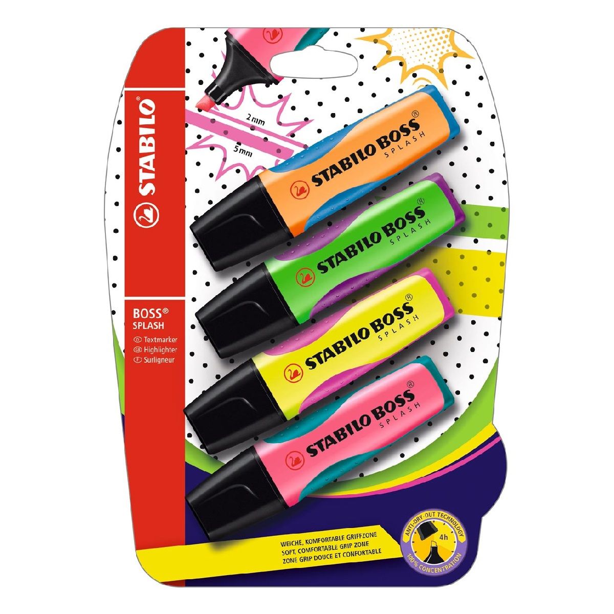 STABILO Lot de 4 surligneurs tampon ergonomique Boss Splash