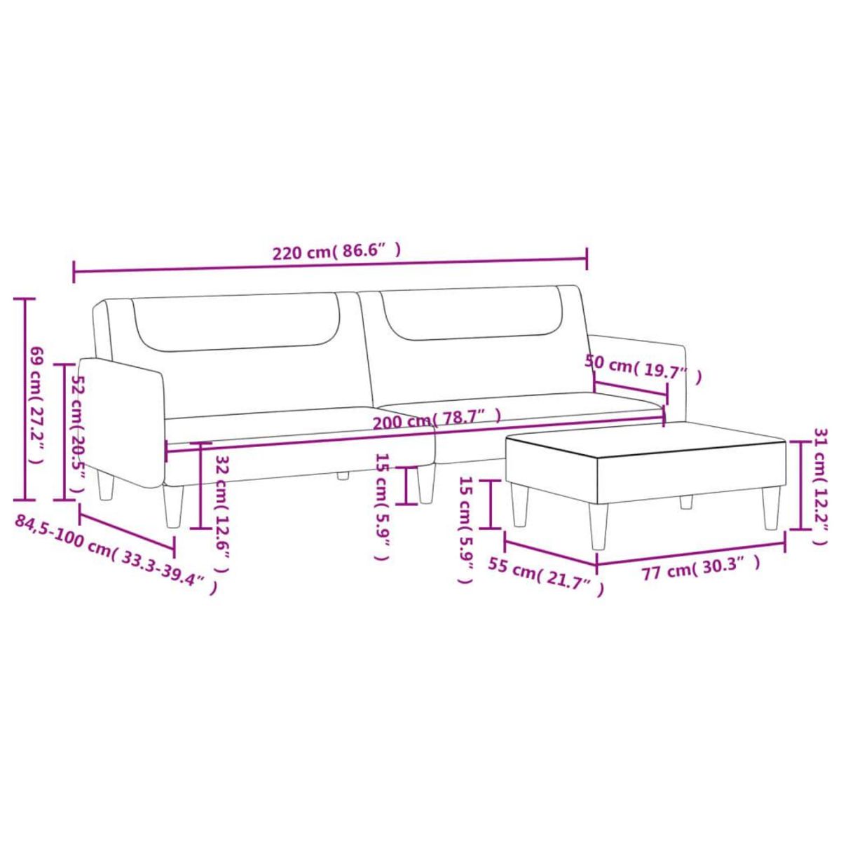 VIDAXL Canape-lit a 2 places avec repose-pied noir tissu