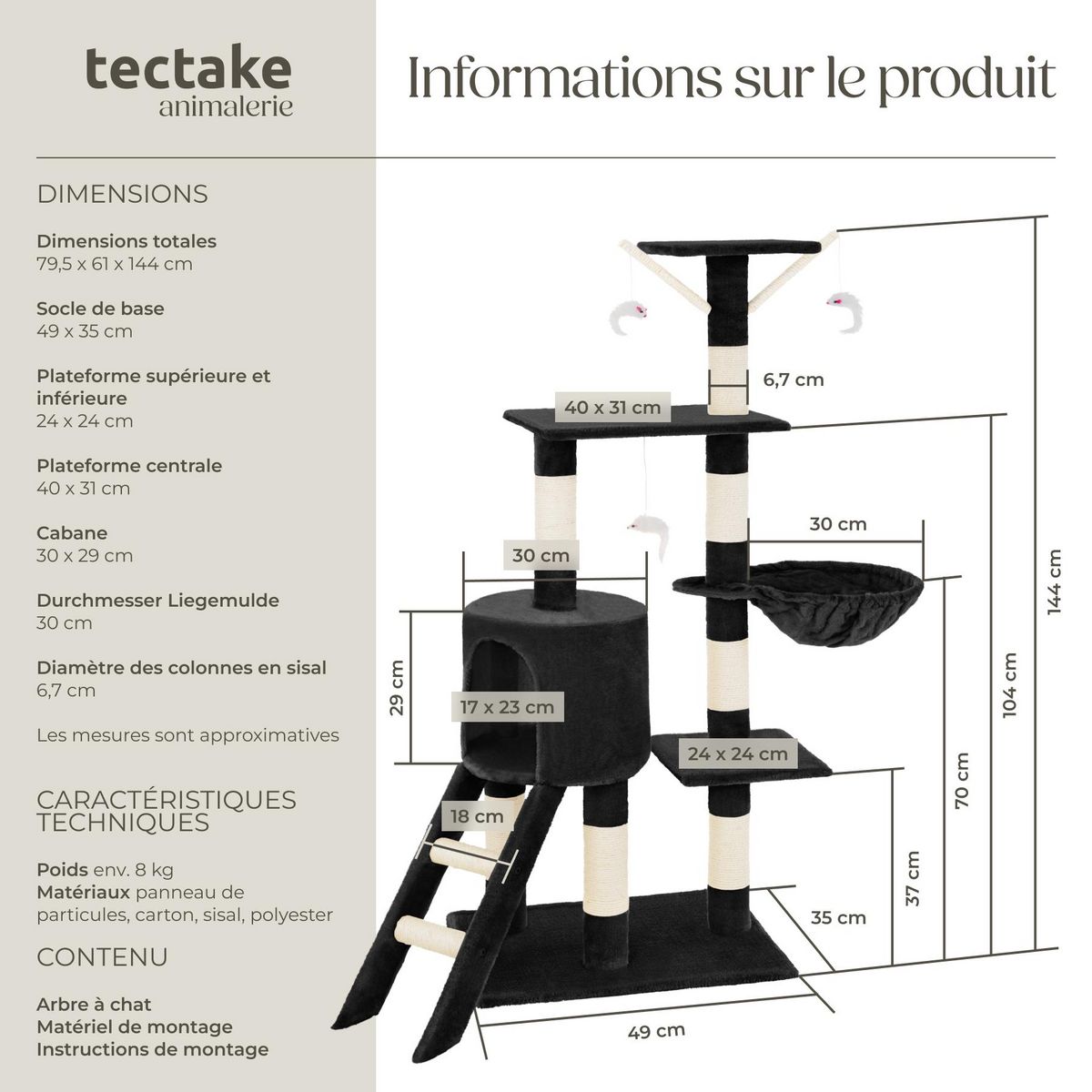 tectake Arbre à chat 144 cm avec griffoir et plateforme d'escalade noir