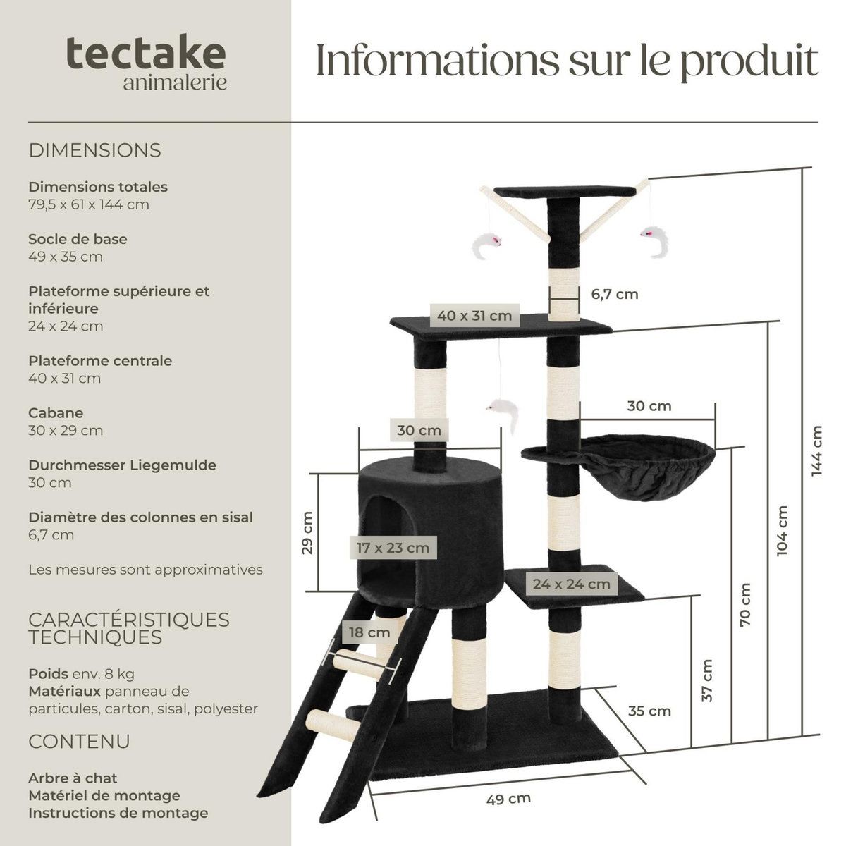 tectake Arbre à chat 144 cm avec griffoir et plateforme d'escalade noir