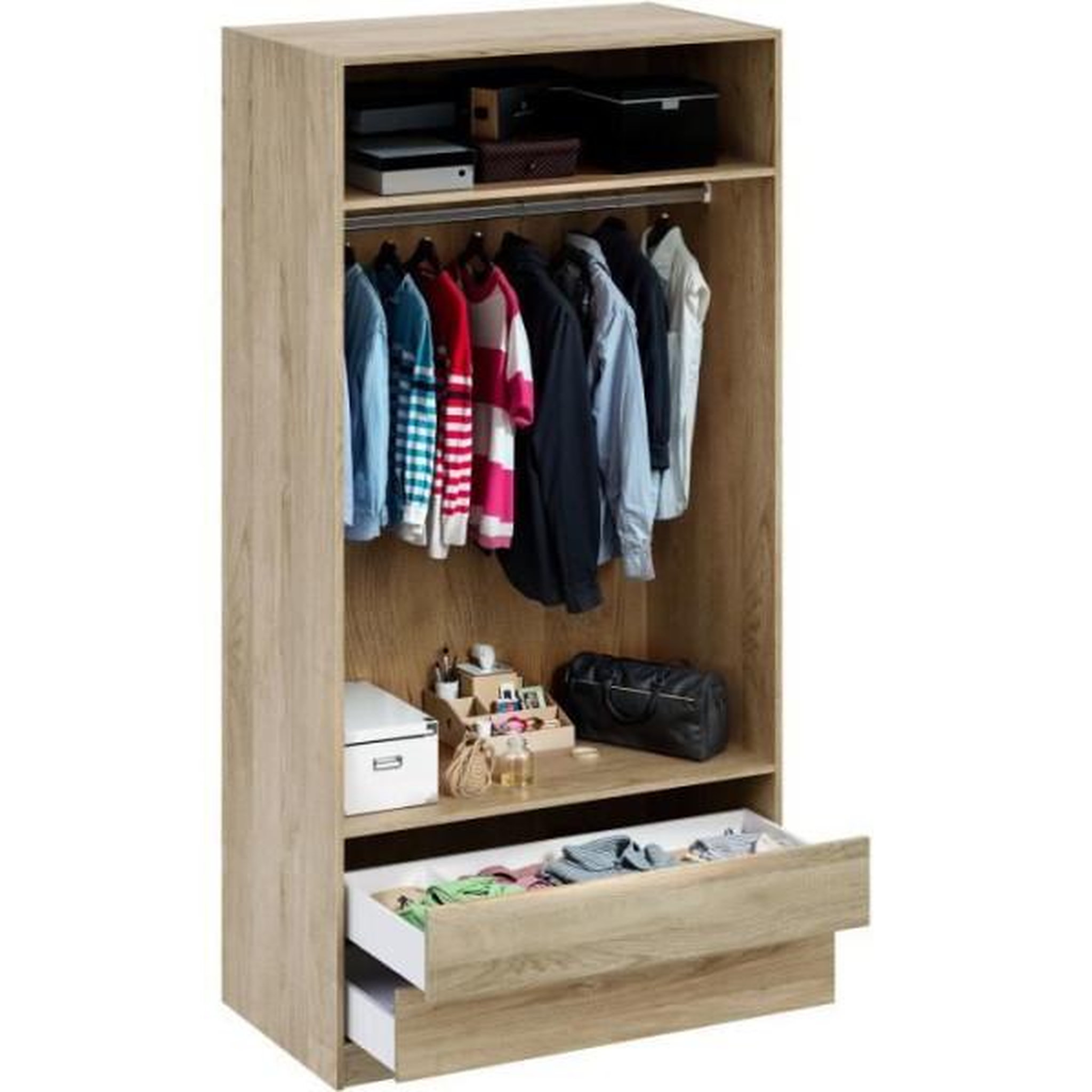 MARKET24 Dressing - Décor Chene - 2 tiroirs - 2 étageres - 1 tringle - L100 x P57 x H200 cm